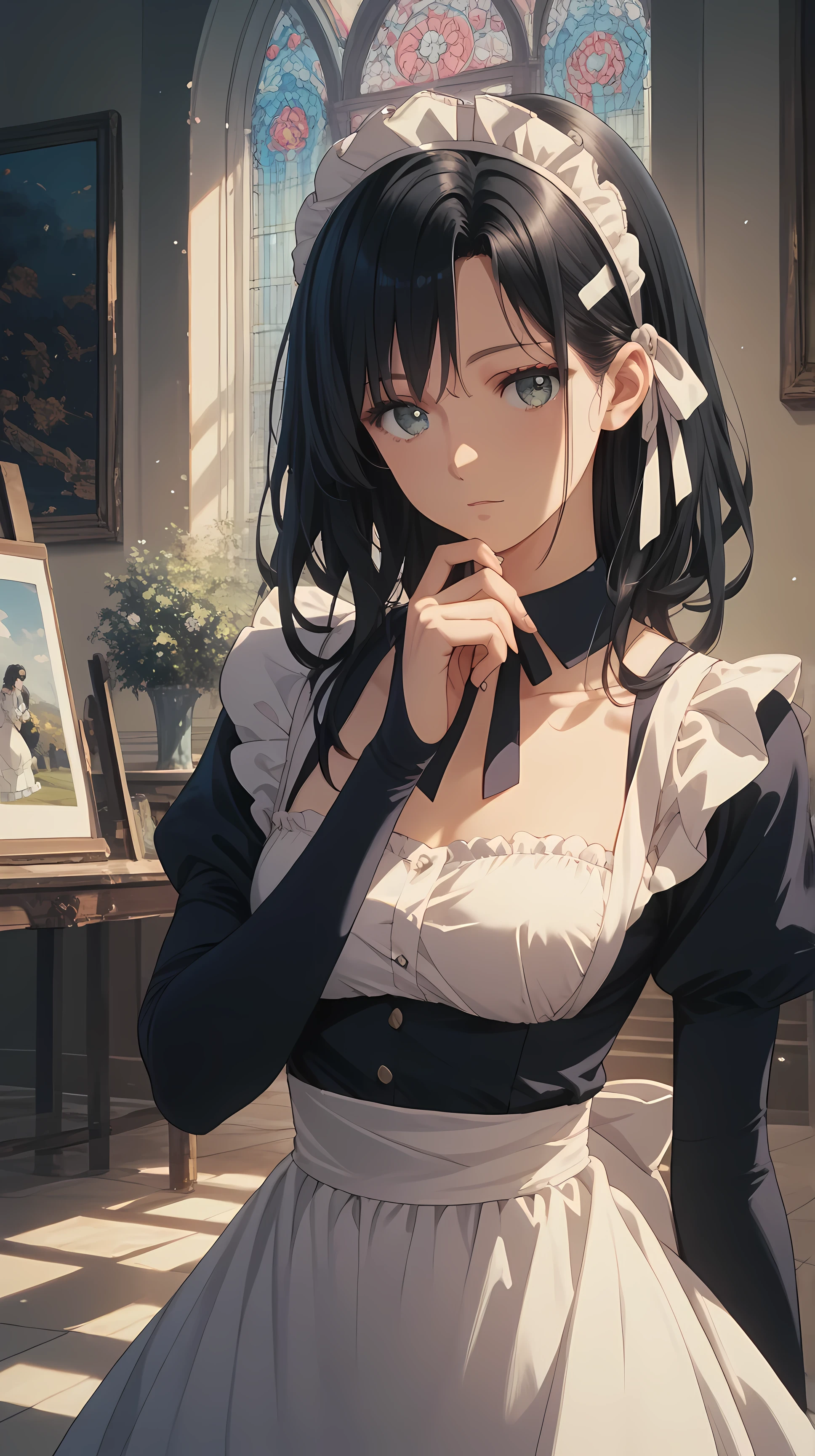 Eye Regulation（long black hair､maid clothes､maid headband in front of a mansion painting､sexy）､大邸宅の絵画の前で､midnight