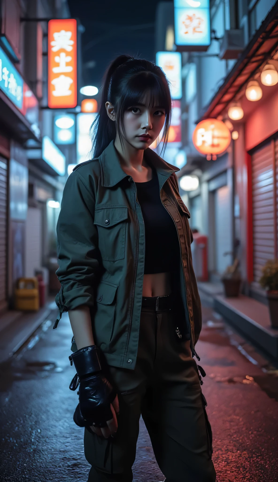 (masterpiece:1.3, 8k:1.3, highest quality:1.3, cinematic lighting, ultra realistic, ultra detailed, high resolution, digital painting, sharp focus, realistic fabric textures, dramatic depth of field), athletic young woman with long black ponytail, ex-triad heiress turned fighter, wearing tactical jacket and cargo pants with fingerless gloves, standing in a neon-lit Tokyo alley at night, confident and intense gaze with subtle playful energy, full body 3/4 view, dynamic battle-ready pose, cinematic lighting with urban grit and glowing neon reflections on wet pavement