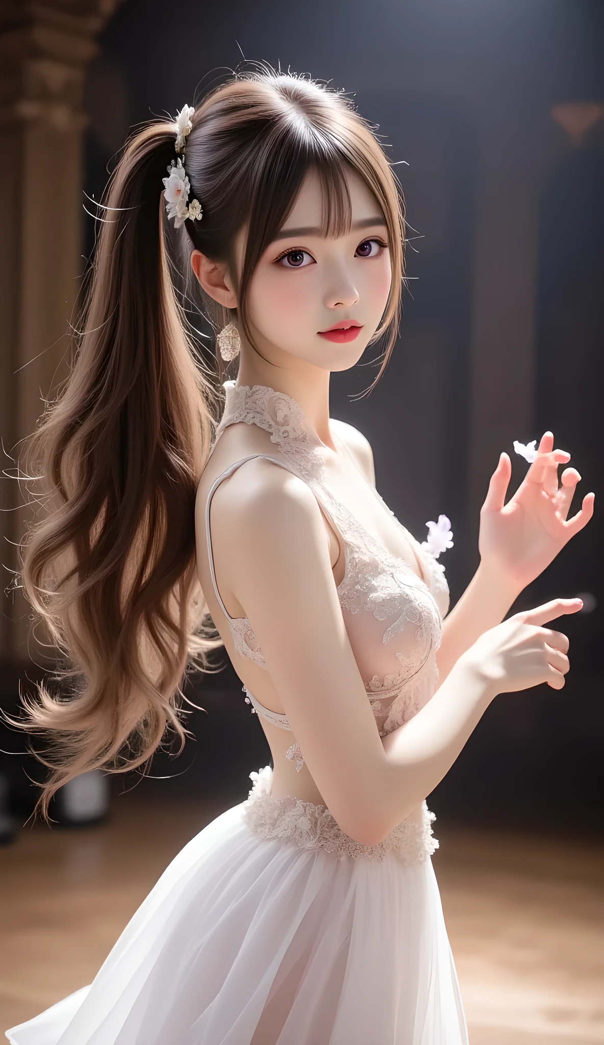 1 girl, 19 years old, ((city in Vietnam)), dark brown hair, purple eyes, hair ornament, white dance skirt ((cowboy photo)), ((bare shoulders)), ((short skirt)), realistic detailed photo of a plumple breasted girl with exposed shoulders, detailed fingers, high quality skin, blue eyes, dancing on stage, dance floor, wind and flying hair, (best quality, 4k, 8k, high resolution, masterpiece: 1.2), extremely detailed, (realistic, photorealistic, photorealistic: 1.37), studio lighting, vivid colors.