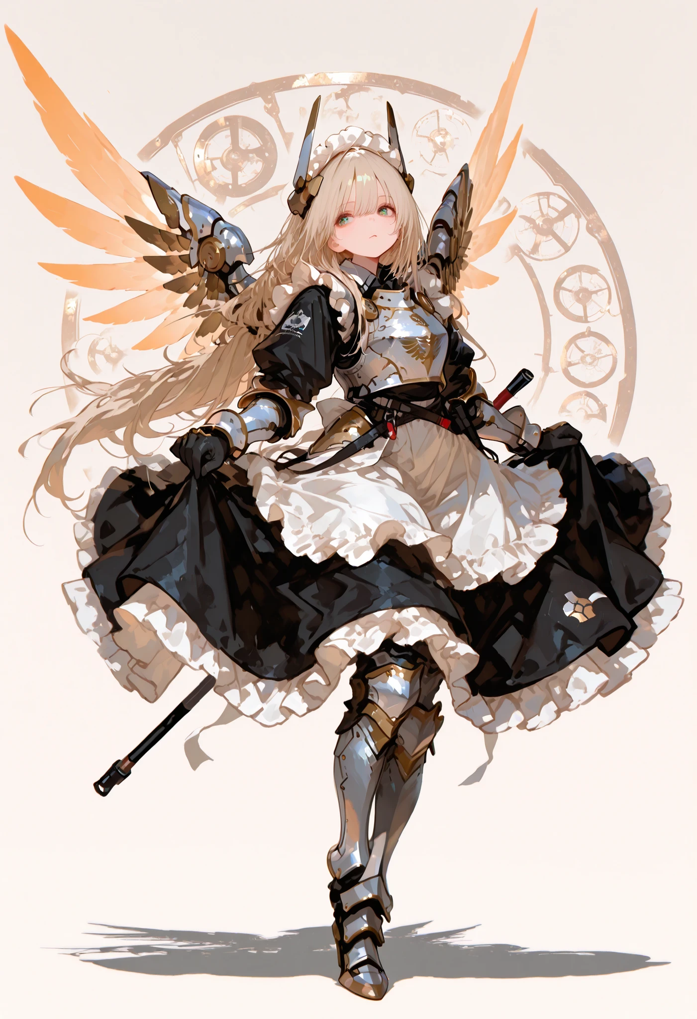 (masterpiece, Highest Quality)Long hair,Armored Girl,Mechanic Shape,maid,Amazing Composition,Full Body,Dynamic Pose,perfect face,Perfect Fingers,, technical background,Simple Background, Wings