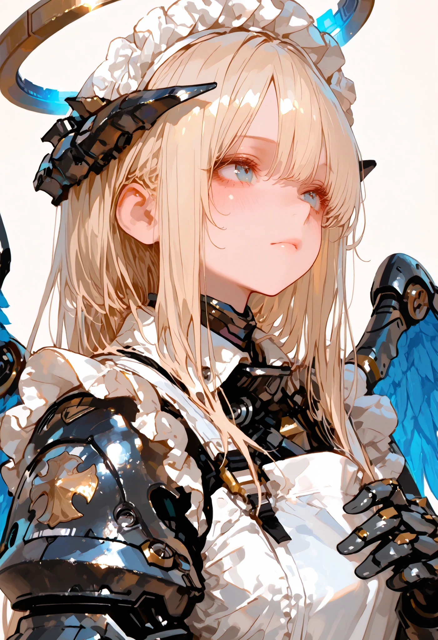 (masterpiece, Highest Quality)Long hair,Armored Girl,Mechanic Shape,maid,Amazing Composition,upper body,perfect face,Perfect Fingers,, technical background,Simple Background, Wings