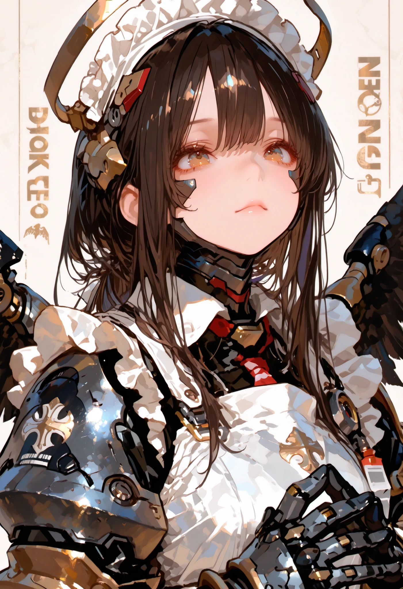 (masterpiece, Highest Quality)Long hair,Armored Girl,Mechanic Shape,maid,Amazing Composition,upper body,perfect face,Perfect Fingers,, technical background,Simple Background, Wings
