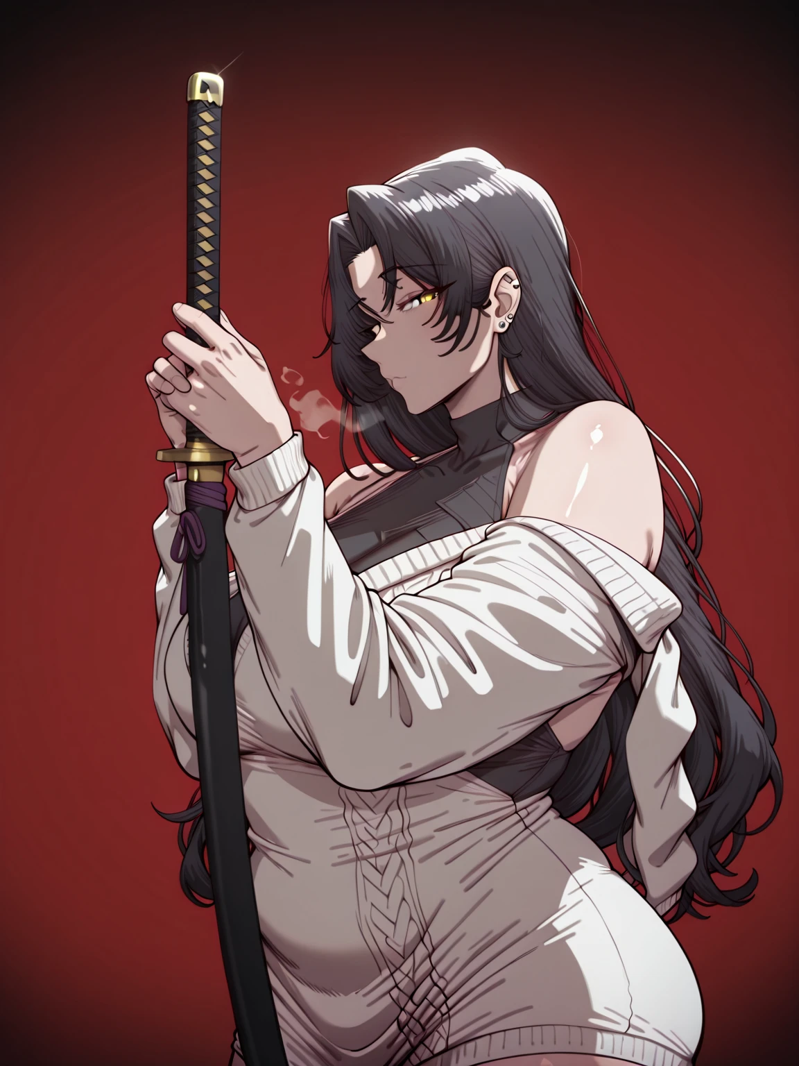 (cervina7-style:1.4), (zonda_(solid_air)-style:1.2), (shiroshisu-style:1.4), (osiimi-style:1.2)), ((anatomical correct)), ((Cinematic, unreal engine, eye-catching, ambient occlusion, UHD, masterpiece)), ((perfect lighting, soft shadow)), perfect body, perfect eyes, perfect fingers, gasping, heavy breathing, gasping profusely, ((curvy)), dominique de sade, long hair, black hair, curtained hair, yellow eyes, black pupils, plump, athletic body, (voluptuous:1.5), (mature female:1.5), ((vignetting)), 1girl, weapon, solo, sword, red_background, katana, holding_weapon, holding, simple_background, ear_piercing, sheath, holding_sword, mechanical_arms, profile, from_side, sheathed, looking_at_viewer, cyborg, white jacket, sweater dress, off shoulder, black short, (black aura), (grey aura), (aura:1.2)