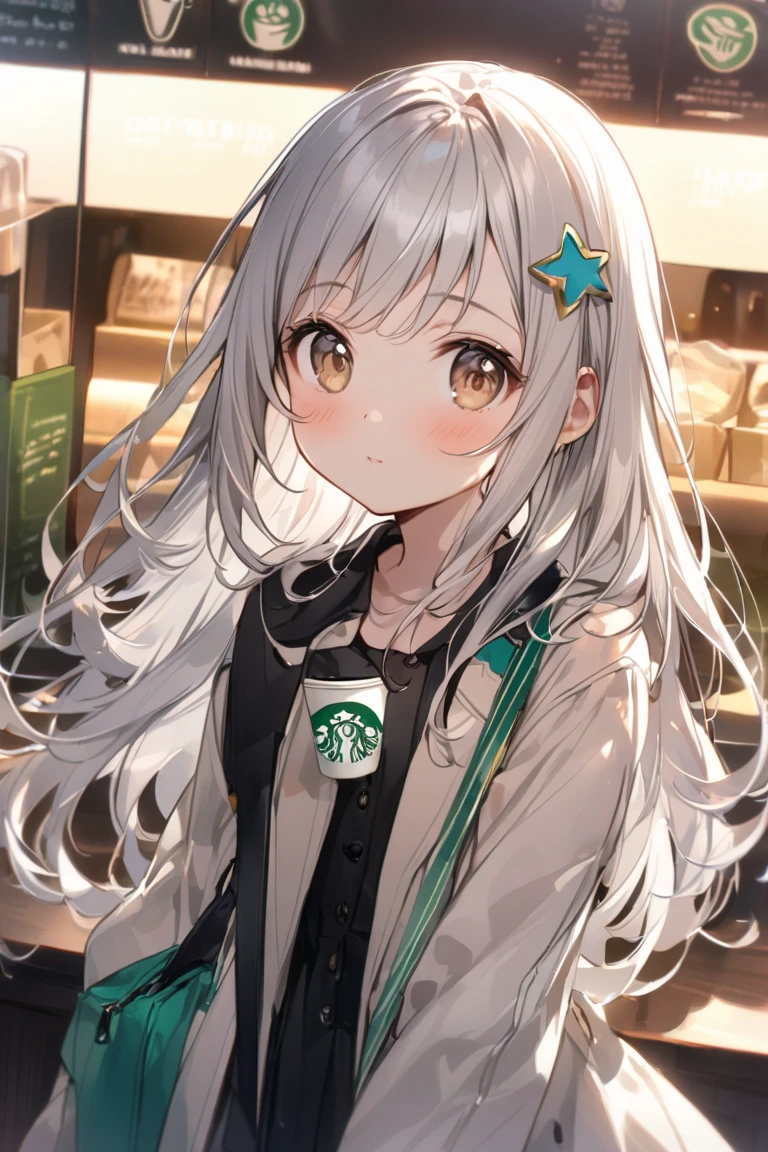 Pretty asian woman, bright silver hair, long hair, green eyes, , black shorts and a green hoodie, cute, standing in the center of a coffee shop environment, pretty smile, anime style