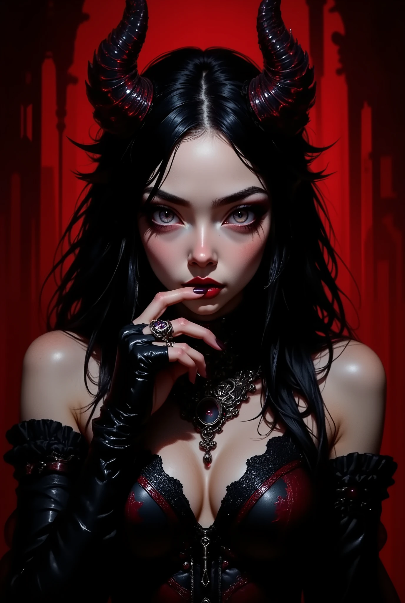 A young, demonically beautiful girl, in her early twenties, with fair skin. Very expressive, effective makeup:Her beautiful bright violet almond-shaped eyes are lined with thick black eyeliner, long black false eyelashes, maroon lipstick, subtle blush, well-defined eyebrows and spectacular smoky eye shadow. Long, glossy black hair. Black, glossy, vinyl or latex sleeves on the forearms and a black embossed leather corset top with burgundy embossing and silver lace inserts, with noticeable details in the corset area. Perfectly beautiful, anatomically correct hands with long fingers decorated with delicate precious rings. Long, sharp, glossy dark purple nails. The girl's body is slightly tilted and unfolded, the pose is spectacular and expressive. She is slightly bent over, looking directly at the camera, covering her lips with one hand. On her head, two large shiny devil horns stand out and are encrusted with ruby luminous veins. The lighting in gloomy Gothic red tones, casting dramatic shadows on her body, creates a Gothic mood. The dark crimson background combined with the Gothic interiors provides high contrast and a strong visual impact. The style is dark, Gothic and intense. The lighting highlights her facial features and creates a dark, almost devilish aura. The composition focuses on the medium-sized subject. The angle is low, below eye level. Precise focus on the model. The style suggests digital illustration or semi-realistic art.