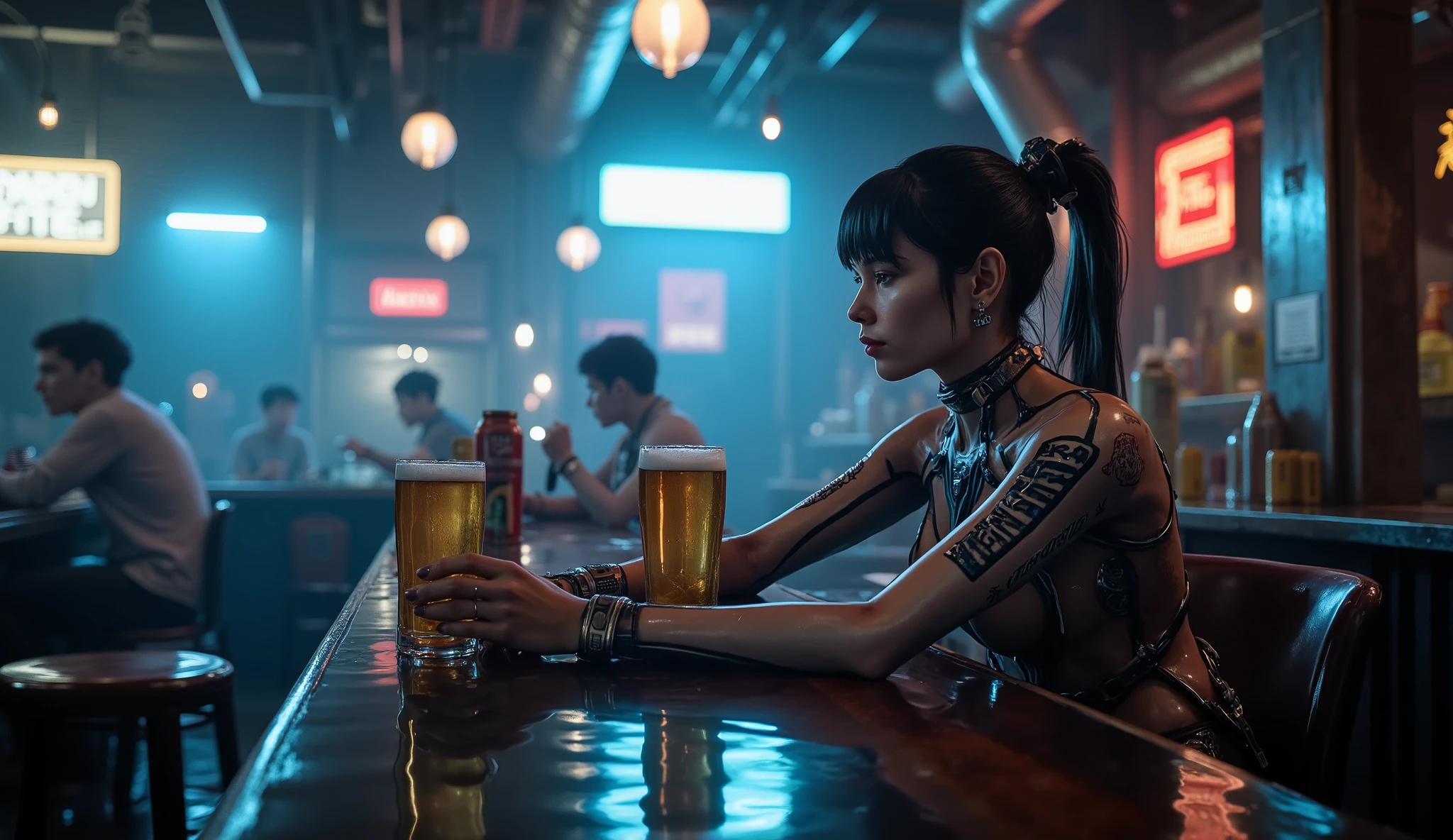 Eve from StellarBlade drinks a beer in a bar