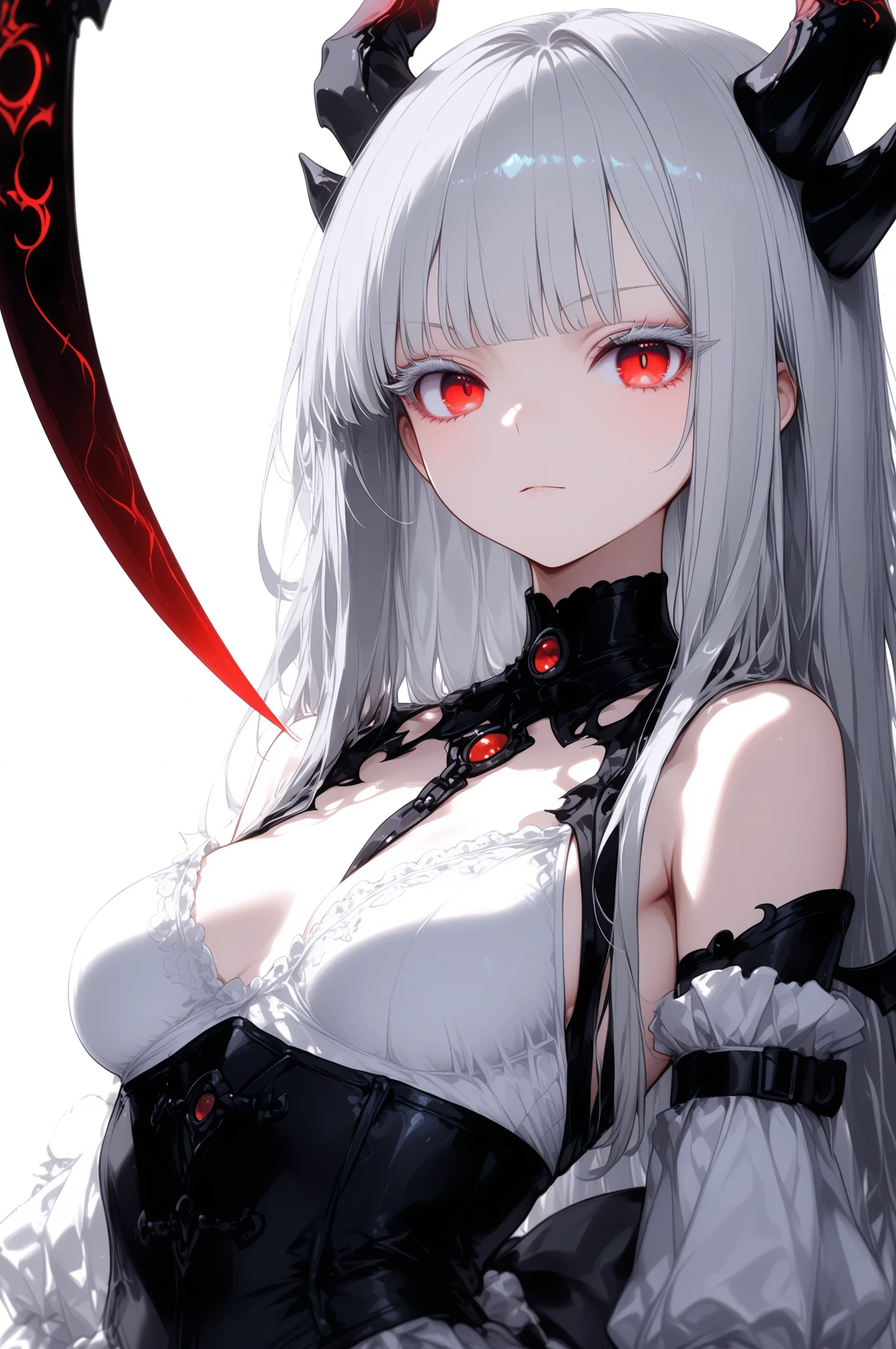 Long gray hair,blood red eyes,Necklace with cross,Wearing a black and white goth bikini,Woman on top