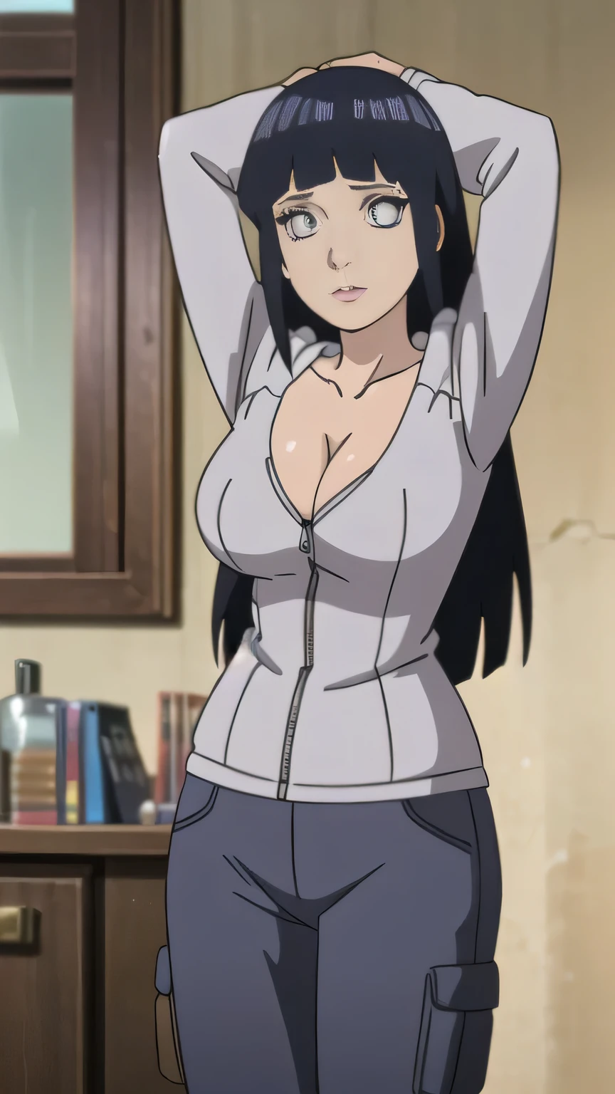 RAW digital art, ultra-realistic 3D render of a stunning woman resembling Hinata Hyuga from Naruto, ((young woman)), ((highly detailed face:1.3)), ((perfectly portioned body, perfect female figure:1.3)), ((skinny, slim waist, narrow hips:1.3)), ((seductive gaze)), ((flawless skin texture, long eyelashes, expressive eyes with subtle reflections, lip shine)), ((perfect breasts, cleavage, huge breasts:1.4)), ((smooth yet detailed hair strands, long navy blue hair, bamgs, shiny hair, long hair: 1.2)), soft shadows and cinematic studio lighting, Pixar-inspired style blending vibrant colors with realistic details, ((wearing an open unzipped tan hooded jacket, over a black fish net tank top, dark harem pants: 1.25)), bedroom with soft morning light filtering through curtains, Leaning slightly to one side, arms behind her back, playful tilt of the head, background softly blurred with warm tones, (8K resolution, intricate textures, sharp focus)