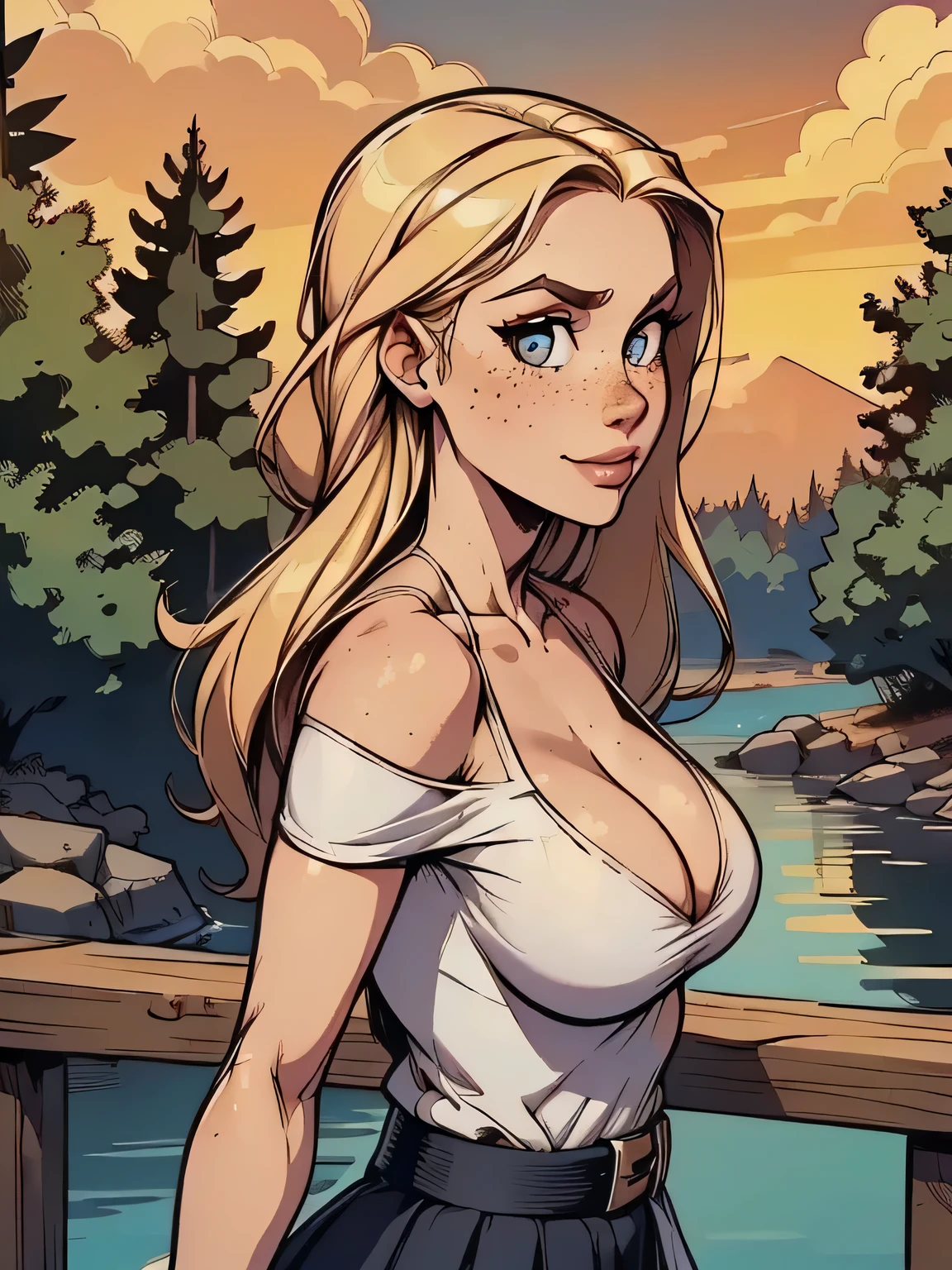 ( linhas absurdas, high definition, ultra fino,  be careful with your hand ) Close of a thin and athletic woman (secretary), 25 anos, 16k (( high definition )), sorriso lindo, olhar sedutor (( looking at the viewer )), olhos azuis, secretary usando uma camisa rosa (( gola italiana, puffy short sleeves )), cintura fina, black belt on a discreet pleated skirt, arms on the sides of her body, pele branca, cabelo loiro curto (( at shoulder height )), She is alone on a bridge over a river (( upper body, From waist to head, side view 3.4 )), with freckles on the neck and breasts, (( seios grandes, redondos e suados 3.4 )), (( Well defined collarbone )). estilo cartoon (( QG )), forest and sunset in the background.