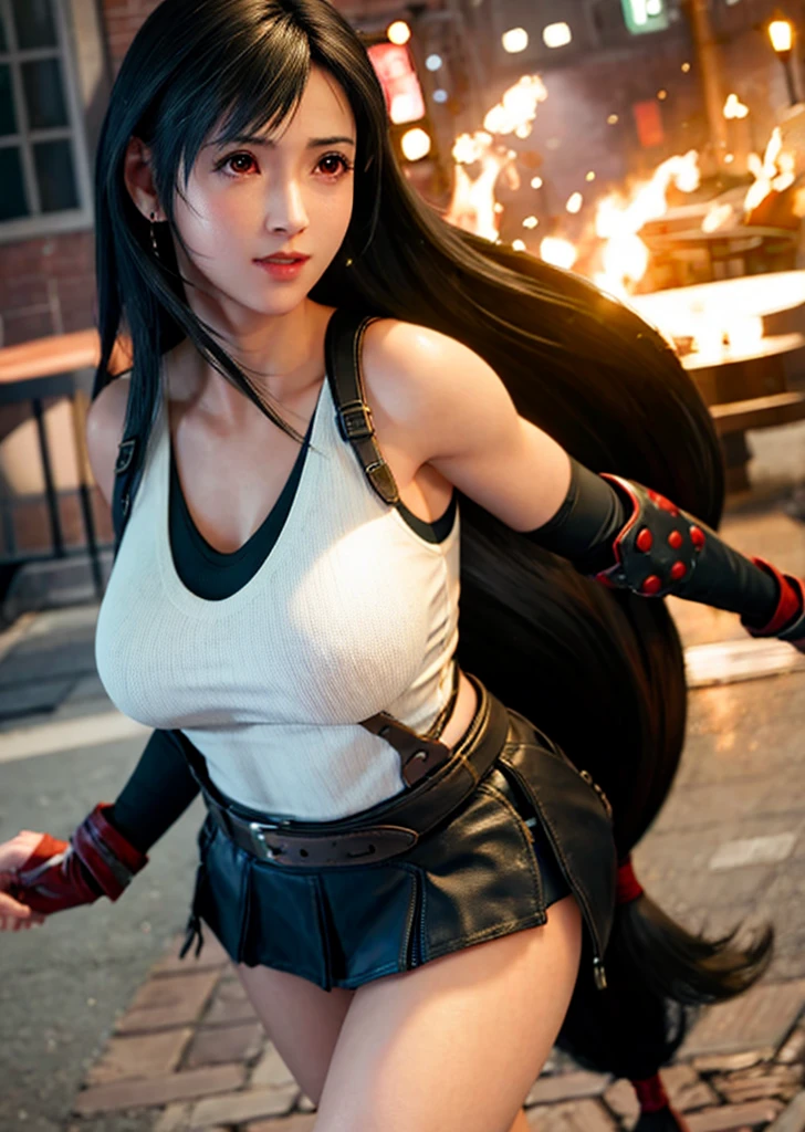 masterpiece, best quality, tifa, (red eyes:0.6), black thighhighs, taut clothes, (looking back:1.2), crop top, ass, skirt, twilight, floating hair, <lora:tifa-000014:0.6>
