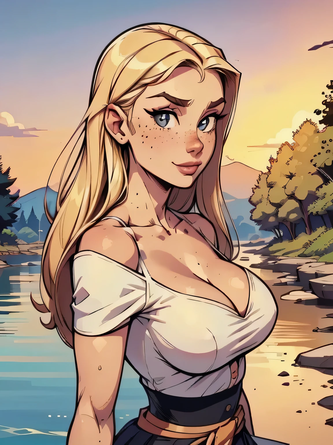 ( linhas absurdas, high definition, ultra fino, be careful with your hand ) Close of a thin and athletic woman (secretary), 25 anos, 16k (( high definition )), sorriso lindo, olhar sedutor (( looking at the viewer )), olhos azuis, secretary usando uma camisa rosa (( gola italiana, puffy short sleeves )), cintura fina, black belt on a discreet pleated skirt, arms on the sides of her body, pele branca, cabelo loiro curto (( at shoulder height )), She is alone on a bridge over a river (( upper body, From waist to head, side view 3.4 )), with freckles on the neck and breasts, (( seios grandes, redondos e suados 3.4 )), (( Well defined collarbone )). estilo cartoon (( QG )), forest and sunset in the background.