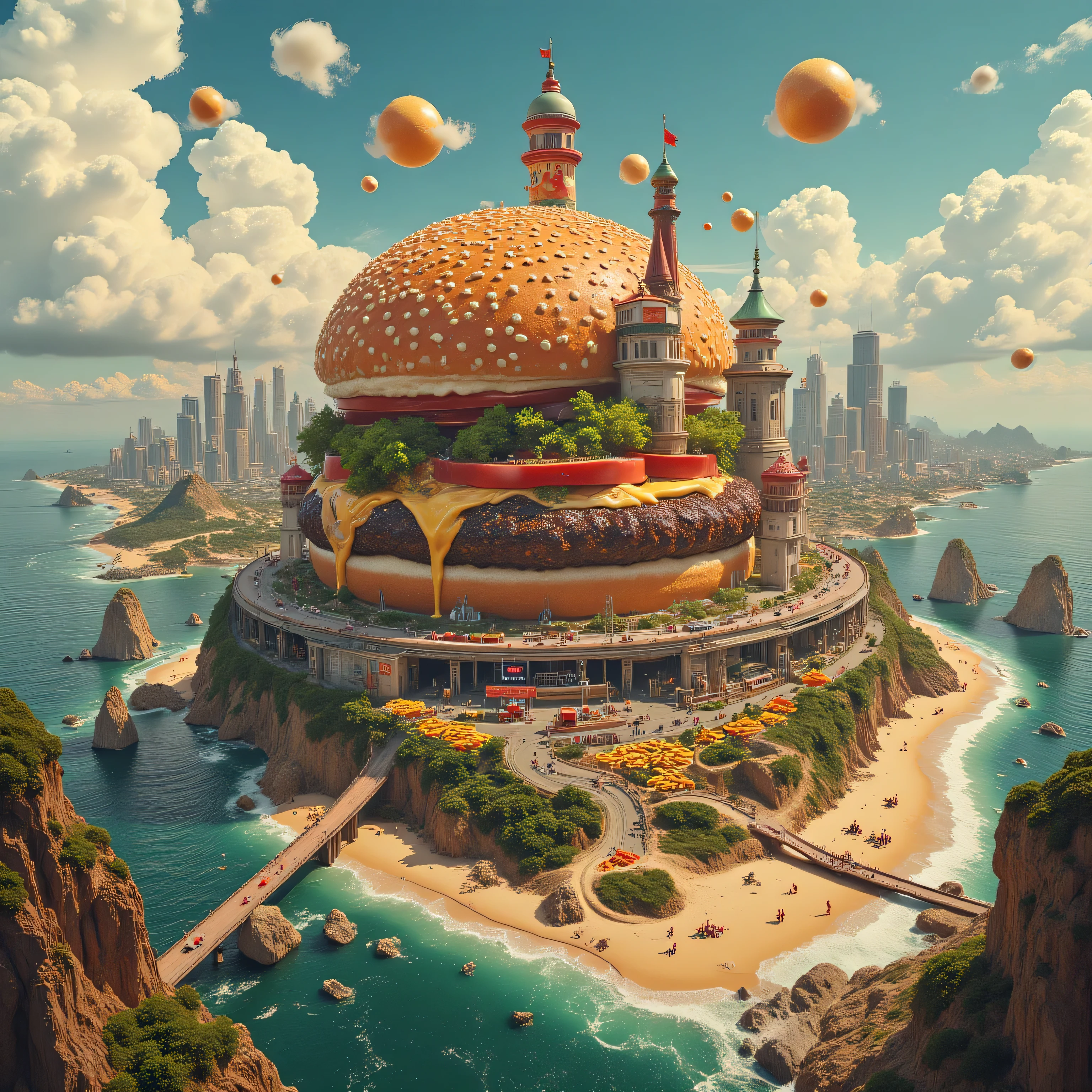 high quality, finely detail, ultra-detailed, giant hamburger city overlooking french fry beach, cola ocean with carbonation bubbles, bacon bridges across sauce rivers, massive onion ring monuments, ketchup geysers, glowing neon signs, epic food landscape