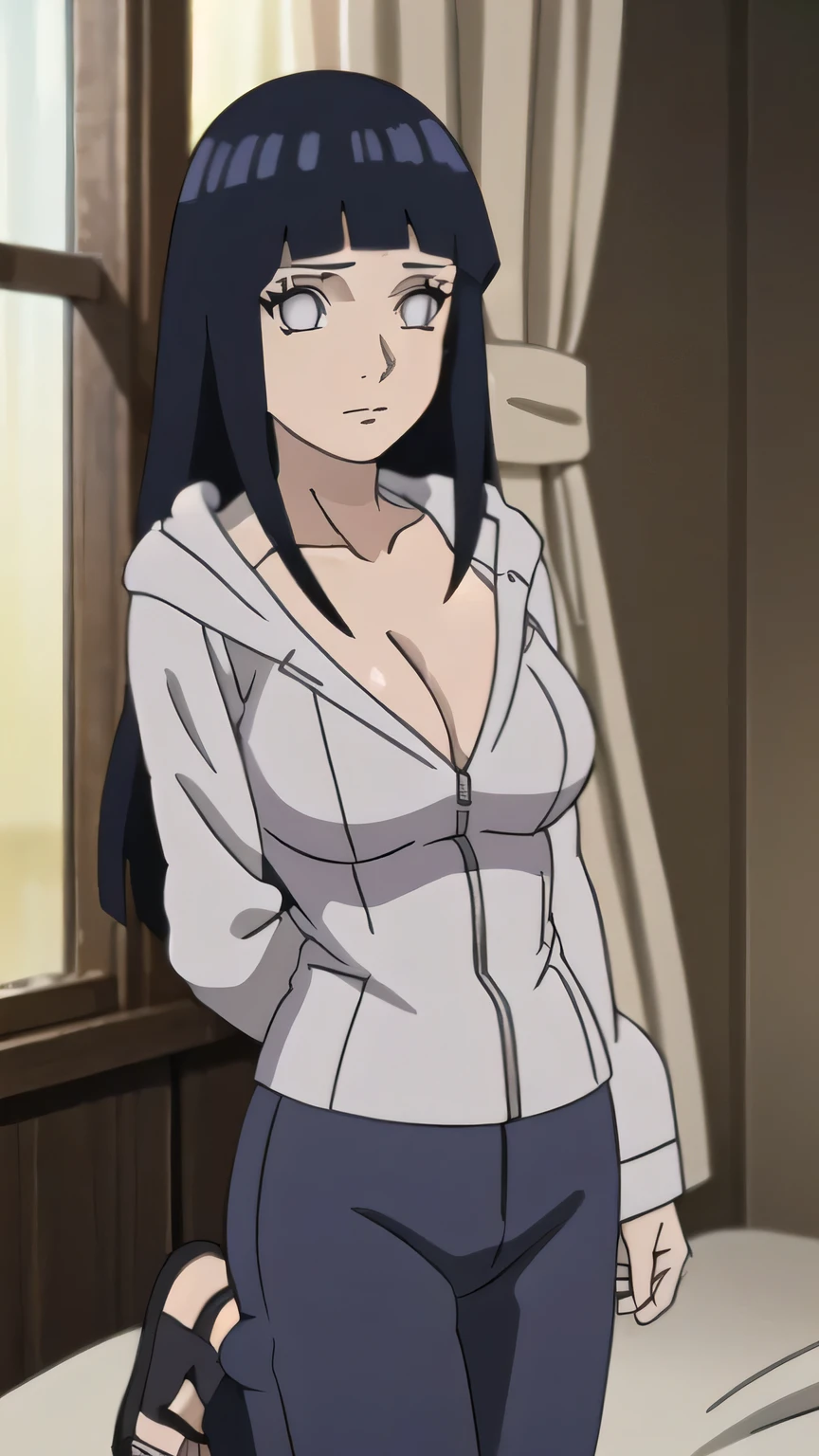 RAW digital art, ultra-realistic 3D render of a stunning woman resembling Hinata Hyuga from Naruto, ((young woman)), ((highly detailed face:1.3)), ((perfectly portioned body, perfect female figure:1.3)), ((skinny, slim waist, narrow hips:1.3)), ((seductive gaze)), ((flawless skin texture, long eyelashes, expressive eyes with subtle reflections, lip shine)), ((perfect breasts, cleavage, huge breasts:1.4)), ((smooth yet detailed hair strands, long navy blue hair, bamgs, shiny hair, long hair: 1.2)), soft shadows and cinematic studio lighting, Pixar-inspired style blending vibrant colors with realistic details, ((wearing a light lavender and cream zip-up hooded jacket with mesh armor visible at the neckline, navy blue pants, black open-toed ninja sandals, dark harem pants: 1.25)), bedroom with soft morning light filtering through curtains, Leaning slightly to one side, arms behind her back, playful tilt of the head, background softly blurred with warm tones, (8K resolution, intricate textures, sharp focus)