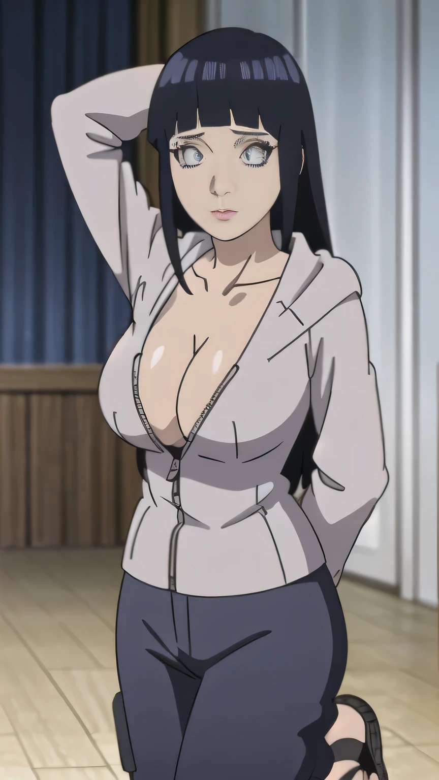RAW digital art, ultra-realistic 3D render of a stunning woman resembling Hinata Hyuga from Naruto, ((young woman)), ((highly detailed face:1.3)), ((perfectly portioned body, perfect female figure:1.3)), ((skinny, slim waist, narrow hips:1.3)), ((seductive gaze)), ((flawless skin texture, long eyelashes, expressive eyes with subtle reflections, lip shine)), ((perfect breasts, cleavage, huge breasts:1.4)), ((smooth yet detailed hair strands, long navy blue hair, bamgs, shiny hair, long hair: 1.2)), soft shadows and cinematic studio lighting, Pixar-inspired style blending vibrant colors with realistic details, ((wearing a light lavender and cream zip-up hooded jacket with mesh armor visible at the neckline, navy blue pants, black open-toed ninja sandals, dark harem pants: 1.25)), bedroom with soft morning light filtering through curtains, Leaning slightly to one side, arms behind her back, playful tilt of the head, background softly blurred with warm tones, (8K resolution, intricate textures, sharp focus)