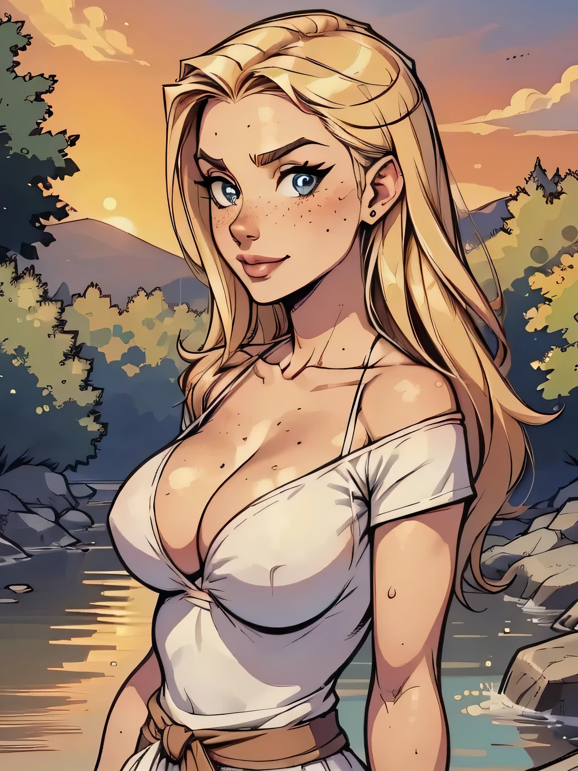 ( linhas absurdas, high definition, ultra fino, be careful with your hand ) Close of a thin and athletic woman (secretary), 25 anos, 16k (( high definition )), sorriso lindo, olhar sedutor (( looking at the viewer )), olhos azuis, secretary usando uma camisa rosa (( gola italiana, puffy short sleeves )), cintura fina, black belt on a discreet pleated skirt, arms on the sides of her body, pele branca, cabelo loiro curto (( at shoulder height )), She is alone on a bridge over a river (( upper body, From waist to head, side view 3.4 )), with freckles on the neck and breasts, (( seios grandes, redondos e suados 3.4 )), (( Well defined collarbone )). estilo cartoon (( QG )), forest and sunset in the background.