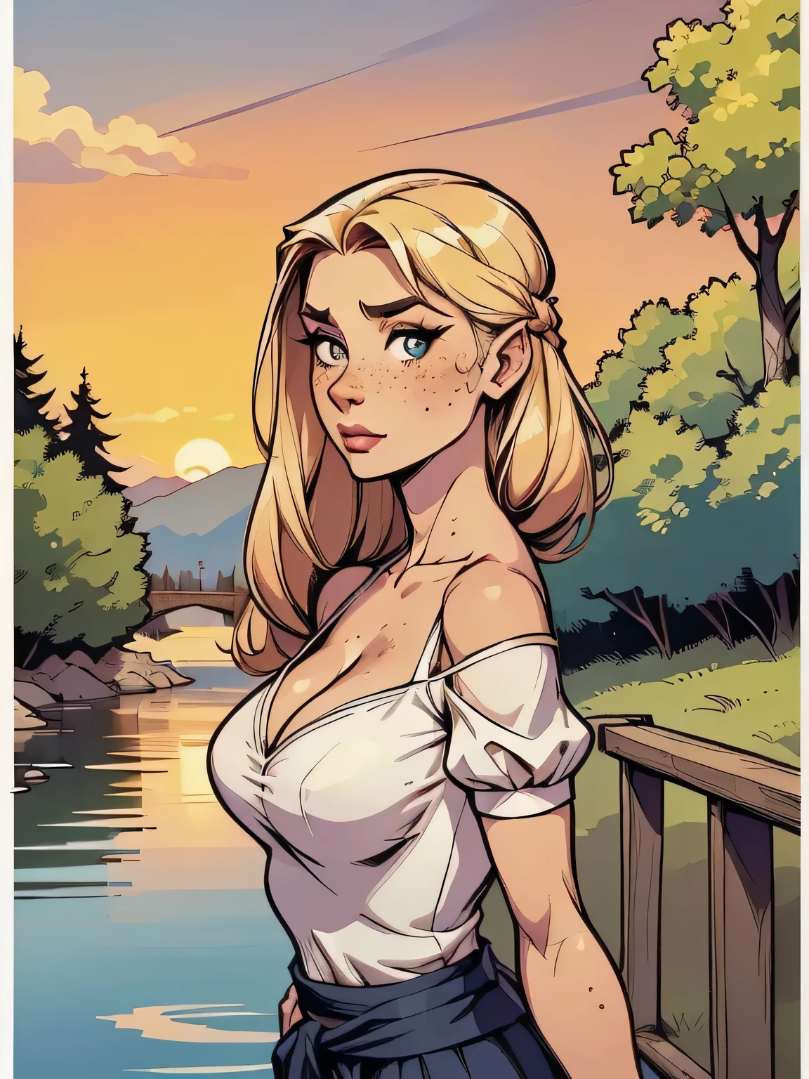 ( linhas absurdas, high definition, ultra fino, be careful with your hand ) Close of a thin and athletic woman (secretary), 25 anos, 16k (( high definition )), sighing look, olhar sedutor (( looking at the viewer )), olhos azuis, secretary usando uma camisa rosa (( gola italiana, puffy short sleeves )), cintura fina, black belt on a discreet pleated skirt, arms on the sides of her body, pele branca, cabelo loiro curto (( at shoulder height )), She is alone on a bridge over a river (( upper body, From waist to head, side view 3.4 )), with freckles on the neck and breasts, (( seios grandes, redondos e suados 3.4 )), (( Well defined collarbone )). estilo cartoon (( QG )), forest and sunset in the background.