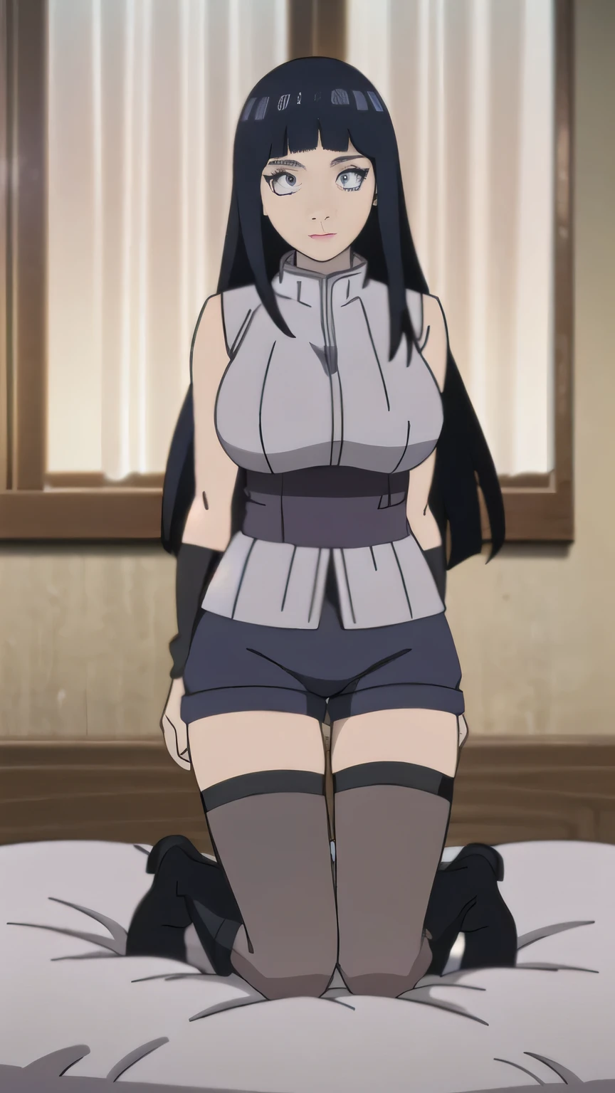 RAW digital art, ultra-realistic 3D render of a stunning woman resembling Hinata Hyuga from Naruto, ((young woman)), ((highly detailed face:1.3)), ((perfectly portioned body, perfect female figure:1.3)), ((skinny, slim waist, narrow hips:1.3)), ((seductive gaze)), ((flawless skin texture, long eyelashes, expressive eyes with subtle reflections, lip shine)), ((perfect breasts, huge breasts:1.4)), ((smooth yet detailed hair strands, long navy blue hair, bamgs, shiny hair, long hair: 1.2)), soft shadows and cinematic studio lighting, Pixar-inspired style blending vibrant colors with realistic details, ((wearing a sleeveless lavender tunic with high collar, black shorts over black thigh-high stockings, black open-toed boots, black arm warmers: 1.25)), bedroom with soft morning light filtering through curtains, Leaning slightly to one side, arms behind her back, playful tilt of the head, background softly blurred with warm tones, (8K resolution, intricate textures, sharp focus)