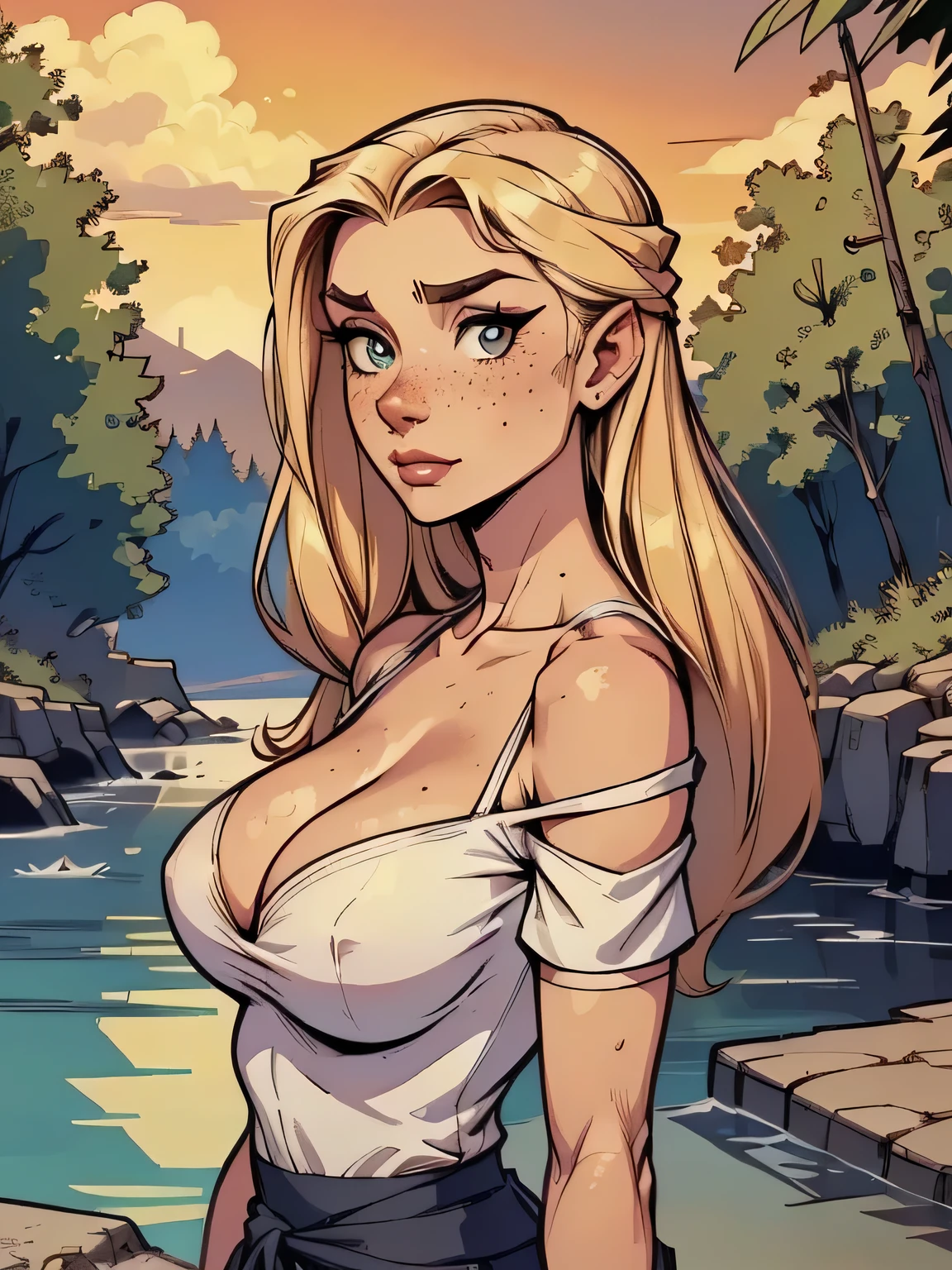 ( linhas absurdas, high definition, ultra fino, be careful with your hand ) Close of a thin and athletic woman (secretary), 25 anos, 16k (( high definition )), sighing look, olhar sedutor (( looking at the viewer )), olhos azuis, secretary usando uma camisa rosa (( gola italiana, puffy short sleeves )), cintura fina, black belt on a discreet pleated skirt, arms on the sides of her body, pele branca, cabelo loiro curto (( at shoulder height )), She is alone on a bridge over a river (( upper body, From waist to head, side view 3.4 )), with freckles on the neck and breasts, (( seios grandes, redondos e suados 3.4 )), (( Well defined collarbone )). estilo cartoon (( QG )), forest and sunset in the background.