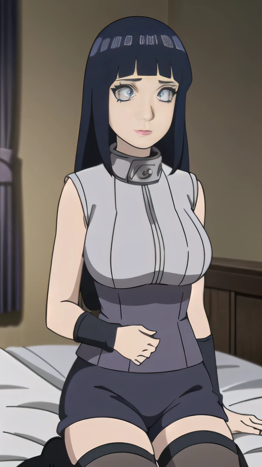 RAW digital art, ultra-realistic 3D render of a stunning woman resembling Hinata Hyuga from Naruto, ((young woman)), ((highly detailed face:1.3)), ((perfectly portioned body, perfect female figure:1.3)), ((skinny, slim waist, narrow hips:1.3)), ((seductive gaze)), ((flawless skin texture, long eyelashes, expressive eyes with subtle reflections, lip shine)), ((perfect breasts, huge breasts:1.4)), ((smooth yet detailed hair strands, long navy blue hair, bamgs, shiny hair, long hair: 1.2)), soft shadows and cinematic studio lighting, Pixar-inspired style blending vibrant colors with realistic details, ((wearing a sleeveless lavender tunic with high collar, black shorts over black thigh-high stockings, black open-toed boots, black arm warmers: 1.25)), bedroom with soft morning light filtering through curtains, Leaning slightly to one side, arms behind her back, playful tilt of the head, background softly blurred with warm tones, (8K resolution, intricate textures, sharp focus)