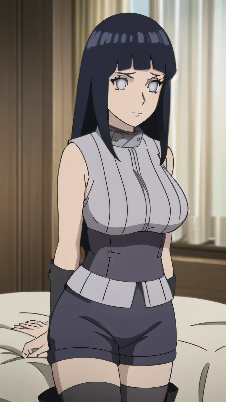 RAW digital art, ultra-realistic 3D render of a stunning woman resembling Hinata Hyuga from Naruto, ((young woman)), ((highly detailed face:1.3)), ((perfectly portioned body, perfect female figure:1.3)), ((skinny, slim waist, narrow hips:1.3)), ((seductive gaze)), ((flawless skin texture, long eyelashes, expressive eyes with subtle reflections, lip shine)), ((perfect breasts, huge breasts:1.4)), ((smooth yet detailed hair strands, long navy blue hair, bamgs, shiny hair, long hair: 1.2)), soft shadows and cinematic studio lighting, Pixar-inspired style blending vibrant colors with realistic details, ((wearing a sleeveless lavender tunic with high collar, black shorts over black thigh-high stockings, black open-toed boots, black arm warmers: 1.25)), bedroom with soft morning light filtering through curtains, Leaning slightly to one side, arms behind her back, playful tilt of the head, background softly blurred with warm tones, (8K resolution, intricate textures, sharp focus)