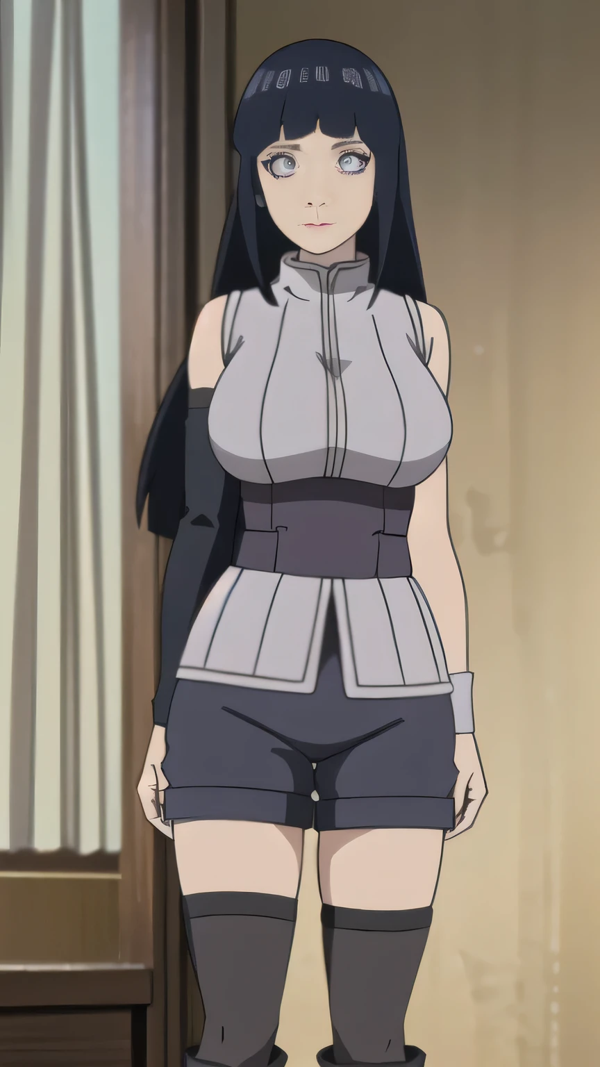 RAW digital art, ultra-realistic 3D render of a stunning woman resembling Hinata Hyuga from Naruto, ((young woman)), ((highly detailed face:1.3)), ((perfectly portioned body, perfect female figure:1.3)), ((skinny, slim waist, narrow hips:1.3)), ((seductive gaze)), ((flawless skin texture, long eyelashes, expressive eyes with subtle reflections, lip shine)), ((perfect breasts, huge breasts:1.4)), ((smooth yet detailed hair strands, long navy blue hair, bamgs, shiny hair, long hair: 1.2)), soft shadows and cinematic studio lighting, Pixar-inspired style blending vibrant colors with realistic details, ((wearing a sleeveless lavender tunic with high collar, black shorts over black thigh-high stockings, black open-toed boots, black arm warmers: 1.25)), bedroom with soft morning light filtering through curtains, Leaning slightly to one side, arms behind her back, playful tilt of the head, background softly blurred with warm tones, (8K resolution, intricate textures, sharp focus)