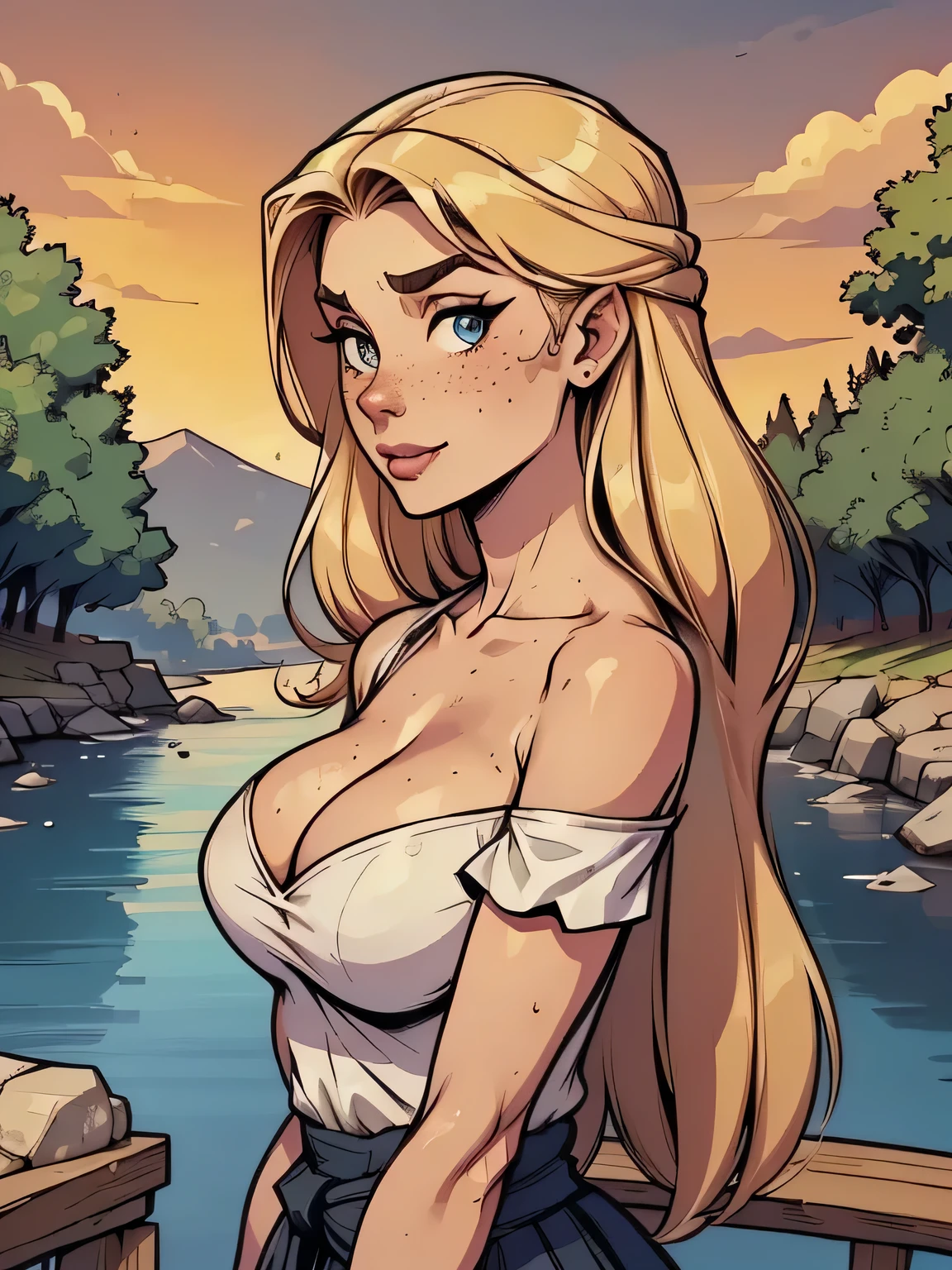 ( linhas absurdas, high definition, ultra fino, be careful with your hand ) Close of a thin and athletic woman (secretary), 25 anos, 16k (( high definition )), sorriso lindo, olhar sedutor (( looking at the viewer )), olhos azuis, secretary usando uma camisa rosa (( gola italiana, puffy short sleeves )), cintura fina, black belt on a discreet pleated skirt, arms on the sides of her body, pele branca, cabelo loiro curto (( at shoulder height )), She is alone on a bridge over a river (( upper body, From waist to head, side view 1 .4 )), with freckles on the neck and breasts, (( seios grandes, redondos e suados 1.4 )), (( Well defined collarbone )). estilo cartoon (( QG )), forest and sunset in the background.