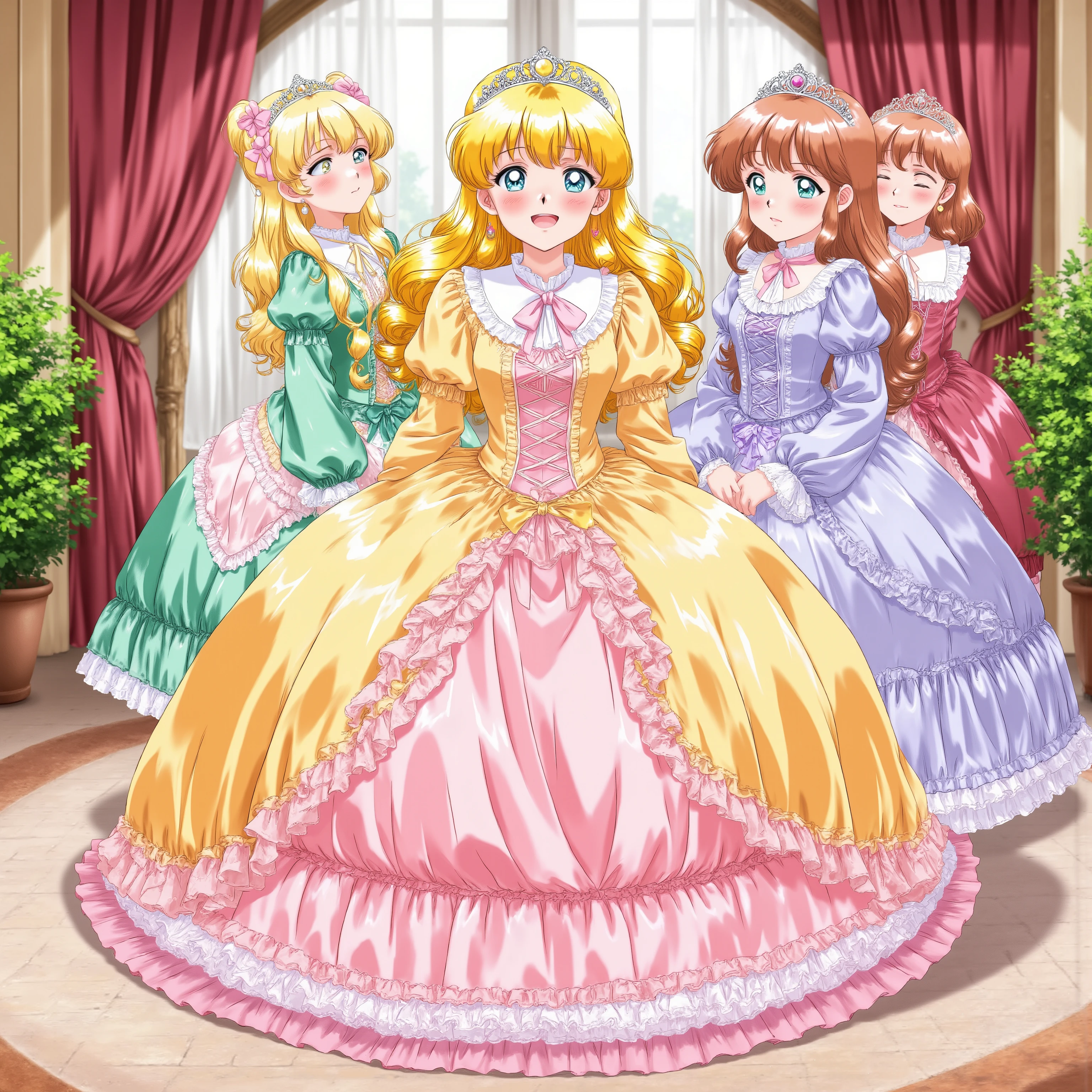 masterpiece, so beautiful, (anime着色, anime), OFFICIAL ART, illustration, ((90年代animeスタイル:1.0)),
1girl, masterpiece, Highest Quality, silly, OFFICIAL ART, official style, Cute Princess, ((12 years old,smaller,full body, Distant Scenery:1.0)),she's laughing,((colorful silk satin Victorian large ball gown dress,Large hoop skirt .:1.0)),long sleeve,The dress is adorned with lots of ruffles and ribbons., It features long blond wavy hair up to the waist,,I have a princess tiara on my head,