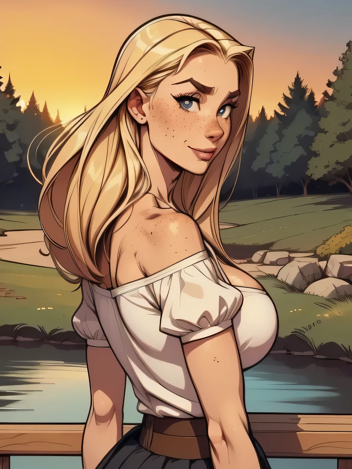 ( linhas absurdas, high definition, ultra fino, be careful with your hand ) Close-up of a thin woman , busty and athletic (secretary), 25 anos, 16k (( high definition )), sorriso lindo, olhar sedutor (( looking at the viewer )), olhos azuis, secretary usando uma camisa rosa (( gola italiana, puffy short sleeves )), cintura fina, black belt on a discreet pleated skirt, arms on the sides of her body, pele branca, cabelo loiro curto (( at shoulder height )), She is alone on a bridge over a river (( upper body, From waist to head, side view 3.4 )), with freckles on the neck and breasts, (( seios grandes, redondos e suados 3.4 )), (( Well defined collarbone )). estilo cartoon (( QG )), forest and sunset in the background.