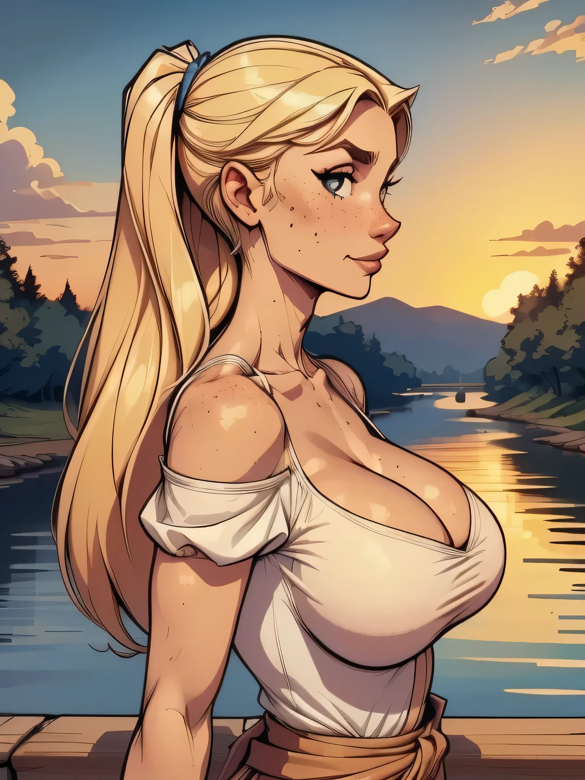 ( linhas absurdas, high definition, ultra fino, be careful with your hand ) Close-up of a thin woman , busty and athletic (secretary), 25 anos, 16k (( high definition )), sorriso lindo, olhar sedutor (( looking at the viewer )), olhos azuis, secretary usando uma camisa rosa (( gola italiana, puffy short sleeves )), cintura fina, black belt on a discreet pleated skirt, arms on the sides of her body, pele branca, cabelo loiro curto (( at shoulder height )), She is alone on a bridge over a river (( upper body, From waist to head, side view 3.4 )), with freckles on the neck and breasts, (( seios grandes, redondos e suados 3.4 )), (( Well defined collarbone )). estilo cartoon (( QG )), forest and sunset in the background.