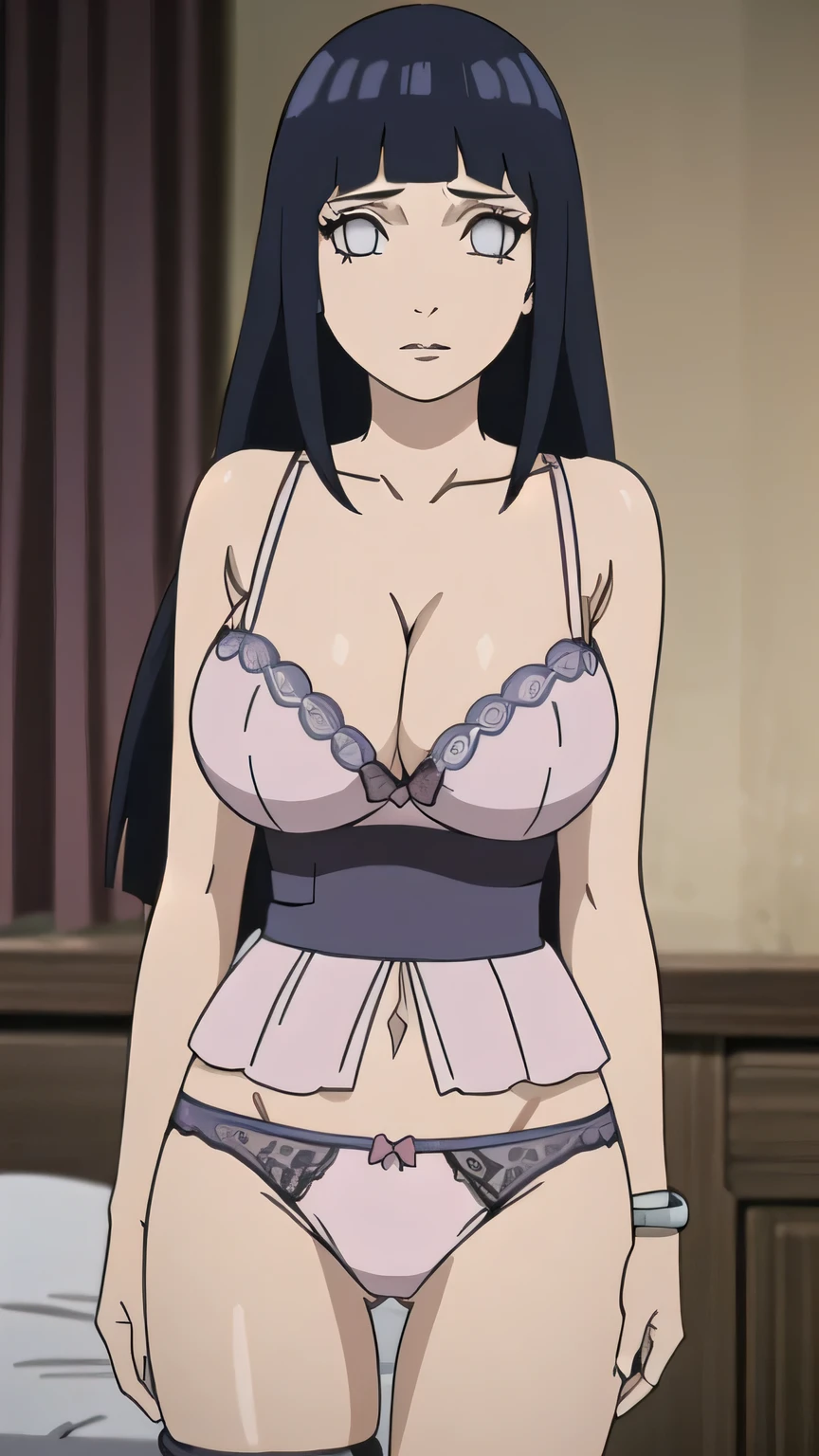 RAW digital art, ultra-realistic 3D render of a stunning woman resembling Hinata Hyuga from Naruto, ((young woman)), ((highly detailed face:1.3)), ((perfectly portioned body, perfect female figure:1.3)), ((skinny, slim waist, narrow hips:1.3)), ((seductive gaze)), ((flawless skin texture, long eyelashes, expressive eyes with subtle reflections, lip shine)), ((perfect breasts, cleavage, huge breasts:1.4)), ((smooth yet detailed hair strands, long navy blue hair, bangs, shiny hair, long hair: 1.2)), soft shadows and cinematic studio lighting, Pixar-inspired style blending vibrant colors with realistic details, ((wearing a pastel pink silk bralette lingerie, matching high-cut panties, pearl anklet: 1.25)), bedroom with soft morning light filtering through curtains, Leaning slightly to one side, arms behind her back, playful tilt of the head, background softly blurred with warm tones, (8K resolution, intricate textures, sharp focus)