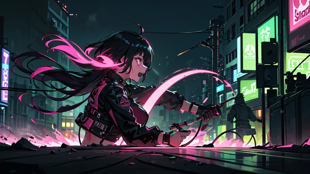 ninja, cyberpunk city background, 1 woman, holding a katana, night, black uniform, katana emanating a black aura with purple, backlighting, reflection light, god rays, blurry, cinematic lighting, motion blur, masterpiece, best quality, masterpiece, super detail, high quality, best quality, 16k, HD, high details