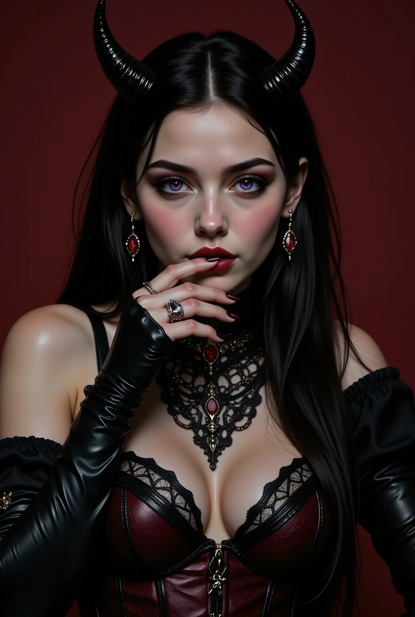 A young, demonically beautiful girl, in her early twenties, with fair skin. Very expressive, effective makeup:Her beautiful bright violet almond-shaped eyes are lined with thick black eyeliner, long black false eyelashes, maroon lipstick, subtle blush, well-defined eyebrows and spectacular smoky eye shadow. Long, glossy black hair. Black, glossy, vinyl or latex sleeves on the forearms and a black embossed leather corset top with burgundy embossing and silver lace inserts, with noticeable details in the corset area. Perfectly beautiful, anatomically correct hands with long fingers decorated with delicate precious rings. Long, sharp, glossy dark purple nails. The girl's body is slightly tilted and unfolded, the pose is spectacular and expressive. She is slightly bent over, looking directly at the camera, covering her lips with one hand. On her head, two large shiny devil horns stand out and are encrusted with ruby luminous veins. The lighting in gloomy Gothic red tones, casting dramatic shadows on her body, creates a Gothic mood. The dark crimson background combined with the Gothic interiors provides high contrast and a strong visual impact. The style is dark, Gothic and intense. The lighting highlights her facial features and creates a dark, almost devilish aura. The composition focuses on the medium-sized subject. The angle is low, below eye level. Precise focus on the model. The style suggests digital illustration or semi-realistic art.