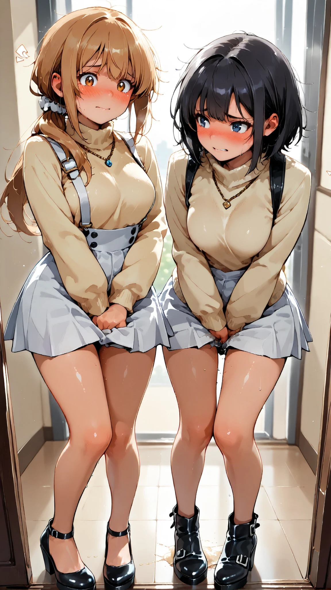 score_9, score_8_up, score_7_up, score_6_up, score_5_up, score_4_up, (extremely detailed and high-quality illustration), (best lighting effects, ultra-realistic), BREAK, two girls separated, (waiting in line for lavatory), outside of lavatory door, beautiful medium breasts, shiny skin, attractive thighs, (black hair, low ponytail), (light brown turtleneck cashmere sweater, white suspender culotte skirt over skort, black wedge pumps, white scrunchie), BREAK, she forced to hold her pee, (desperate to pee), (trying her best to hold pee in), HOLD IN URINE, (expression of panic), (expression of patience), blush, (squinting:0.7), (painful), (urgent in deep panting), (Impatience:1.3), (embarrassed), (humiliated), (leaning forward), (arched back:1.2), (one hand between legs frantically hold her crotch:1.3), double-crossed legs,