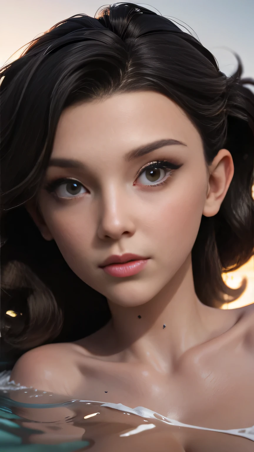 RAW digital art, portrait, ultra-realistic 3D render of a stunning woman resembling Millie Bobby Brown, ((highly detailed face:1.3)), flawless skin texture, expressive eyes with subtle reflections, soft shadows and cinematic studio lighting, Pixar-inspired style blending vibrant colors with realistic details, smooth yet detailed hair strands, perfectly portioned body, perfect breasts, wearing a nothing, no clothes, naked, nude, NSFW, wavy hair tied back, surfing beach with crashing waves, Lying on her back in shallow water, hair fanned out around her, background softly blurred with warm tones, (8K resolution, intricate textures, sharp focus)