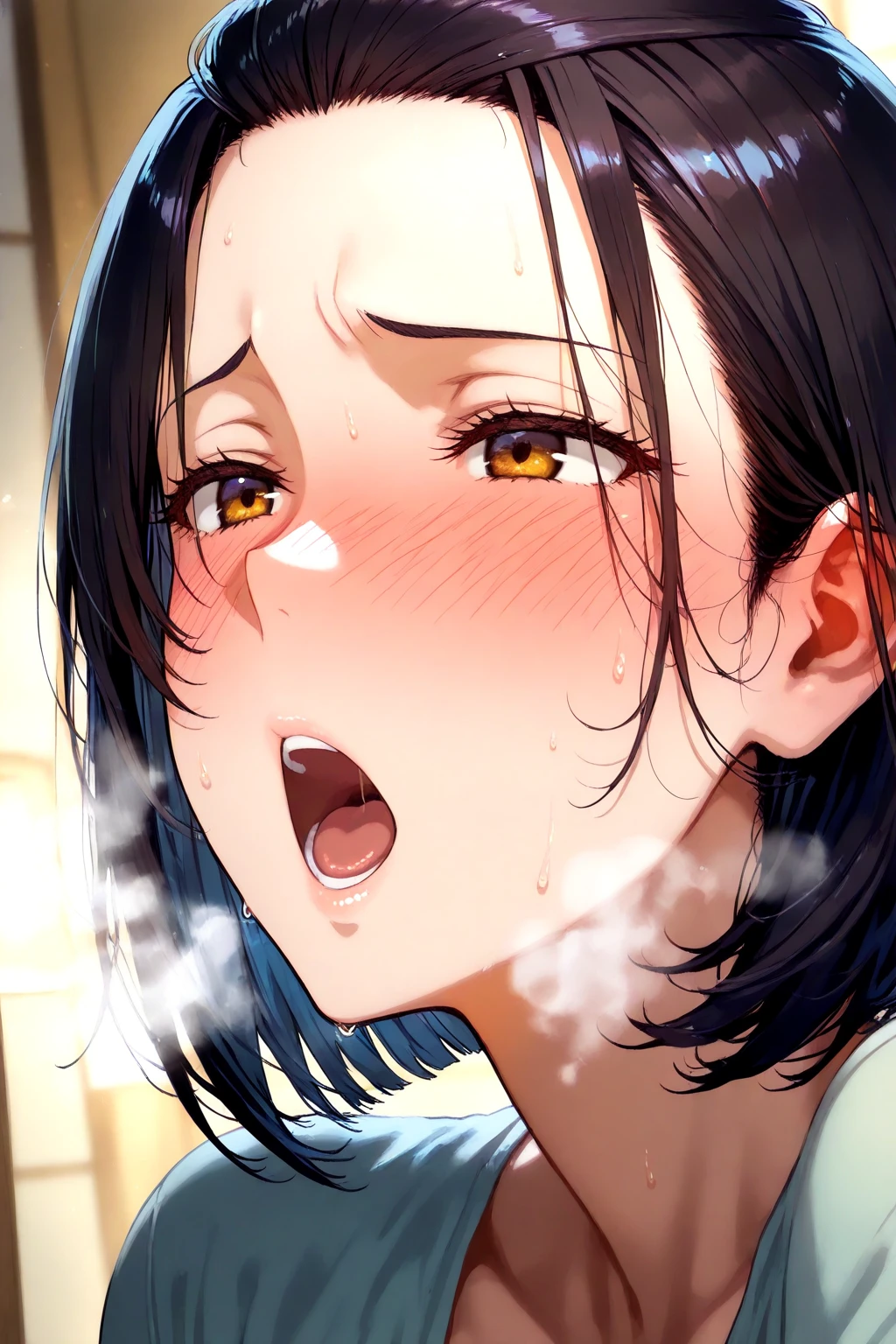 1girl, manhattan cafe \(umamusume\), torogao, tongue out, narrowed eyes, looking at viewer,  gesture,  on tongue,  in mouth,  on hair, , best quality, face focus, narrowed eyes, close-up, , cinematic angle, female , visible air, spoken heart, heart, steam, , 
