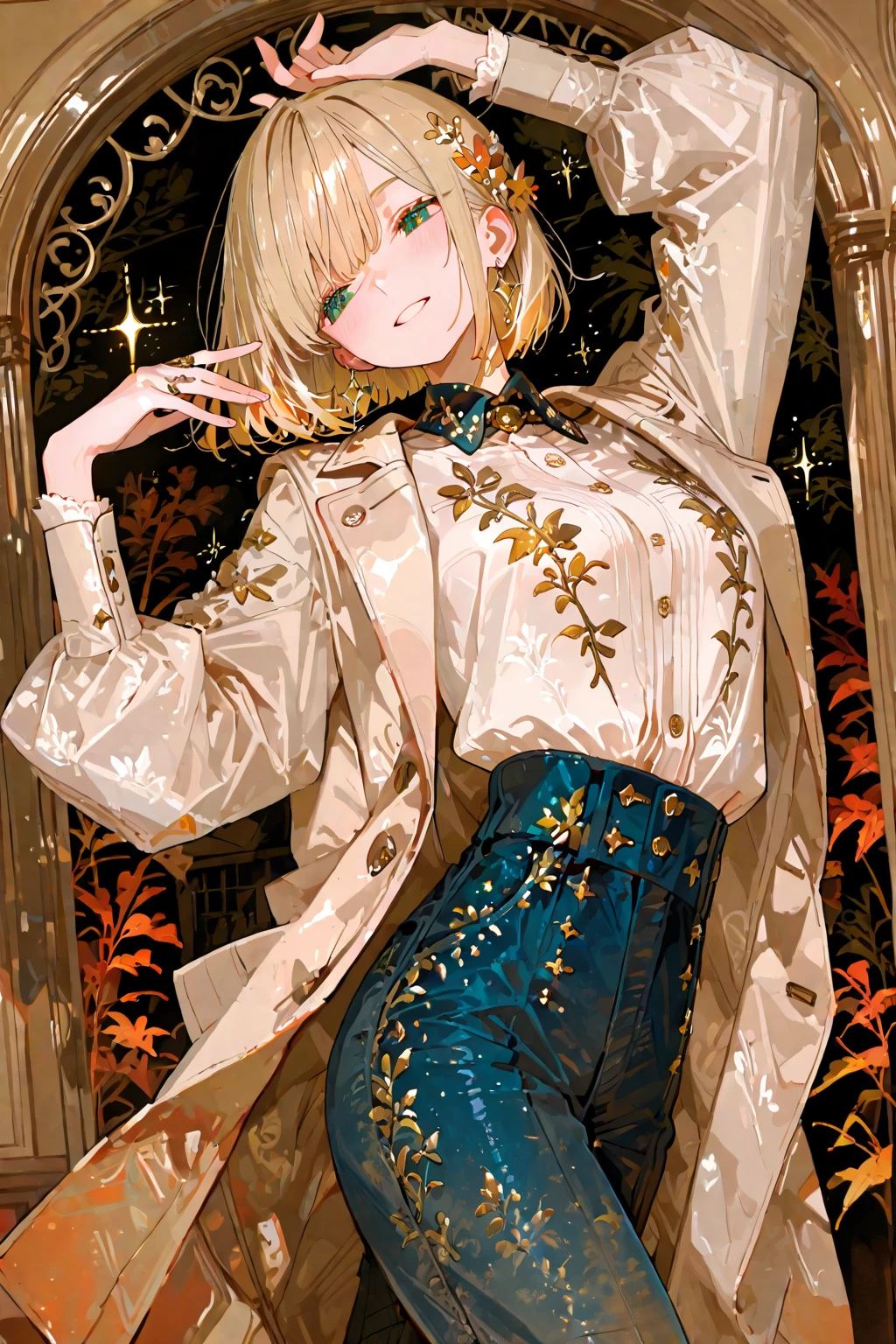 ((Highest quality)), ((masterpiece)), (be familiar with),woman,thin,Yellow Hair,Bobcut,Perm,sleeveless white sweater,{{{ }}},shawl,pants,anklet
