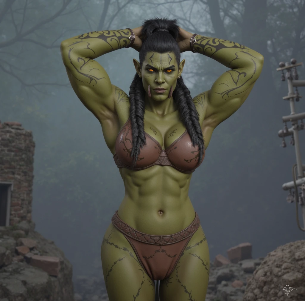 score_9, score_8_up, score_7_up, score_6_up, score_5_up, score_4_up, 1girl, <lora:RakaWOW:0.85> orc, muscular, muscular female, tusks, pointy ears, colored skin, green skin, mohawk, braid, black hair, earrings, jewelry, loincloth, full body, standing, 
light blue background, simple background,