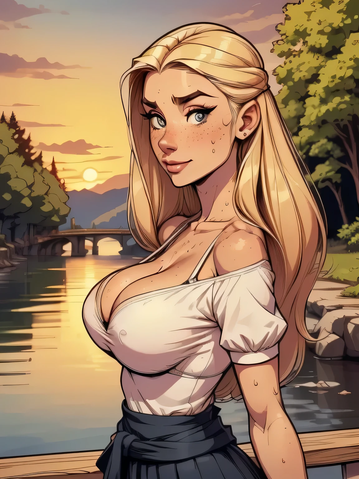 ( linhas absurdas, high definition, ultra fino, be careful with your hand ) Close-up of a thin woman , busty and athletic (secretary), 25 anos, 16k (( high definition )), sorriso misterioso, olhar sedutor (( looking at the viewer )), olhos azuis, secretary usando uma camisa rosa (( gola italiana, puffy short sleeves )), cintura fina, black belt on a discreet pleated skirt, arms on the sides of her body, pele branca, cabelo loiro curto (( at shoulder height )), She is alone on a bridge over a river (( upper body, From waist to head, side view 3.4 )), with freckles on the neck and breasts, (( big round and sweaty breasts 3.4 )), (( Well defined collarbone )). estilo cartoon (( QG )), forest and sunset in the background.