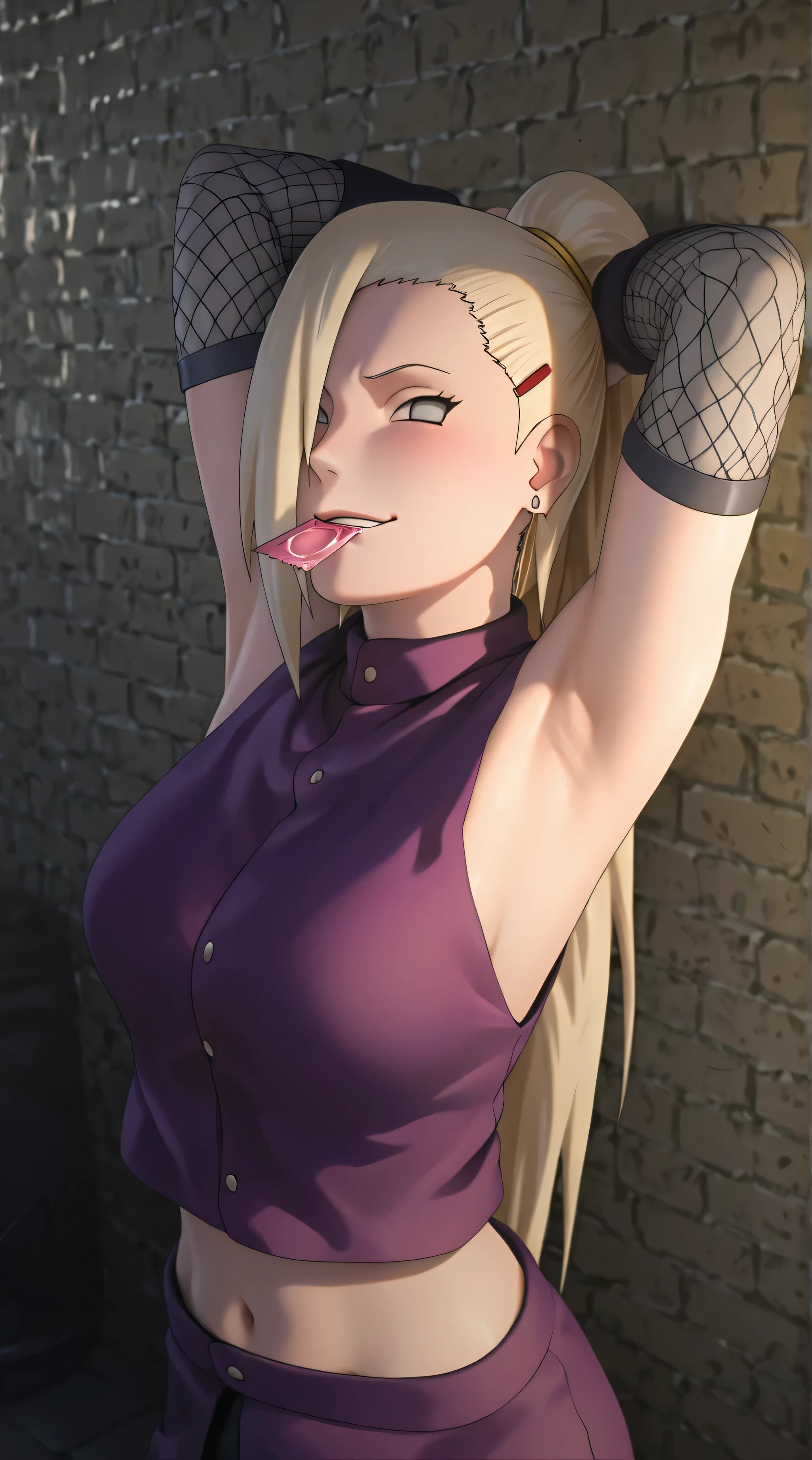 there is a beautiful young girl with a purple top posing sensualy for teasing in the back alley's wall and holding a condom on her mouth, rendered in sfm, inspired by INO, sfm, sexsy pose, Ino Yamanaka from naruto, ( ( 3 d render ) ), sexsy pose, ( ( ( ( Ino Yamanaka from naruto shippuden) ) ) ), sensual pose, armpit, armpit show off, high detailed skin, high detailed image, 2 d anime asrt style, 2 d anime character, anime art style, anime color, ultrarealistic shaded, ino yamanaka,1girl,solo,ponytail,purple shirt, hair_ornament, jewelry, hairclip,earrings, long_hair, hair_over_one_eye, looking at viewer with naughty smirk, cyan eyes color, 3 d cgi rendered, 8K, Best Quality, Masterpiece, Ultra High Resolution
