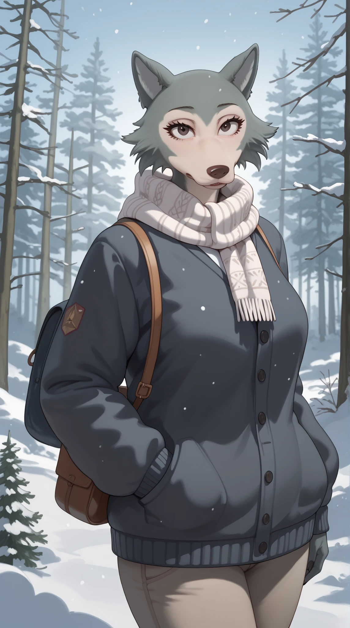 Kemono male wolf, pants, smile, mountain background, snow, snowing, sunny, masterpiece, insane lighting, hires, high quality white fur, Wolf, Furry and cute,( Wide ????:1.2) ,whole body,Special clothing
