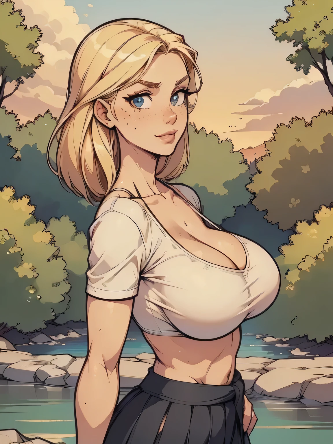 ( linhas absurdas, high definition, ultra fino, be careful with your hand ) Close-up of a thin woman , busty and athletic (secretary), 25 anos, 16k (( high definition )), sorriso misterioso, olhar sedutor (( looking at the viewer )), olhos azuis, secretary usando uma camisa rosa (( gola italiana, puffy short sleeves )), cintura fina, black belt on a discreet pleated skirt, arms on the sides of her body, pele branca, cabelo loiro curto (( at shoulder height )), She is alone on a bridge over a river (( upper body, From waist to head, side view 3.4 )), with freckles on the neck and breasts, (( seios grandes, redondos e suados 3.4 )), (( Well defined collarbone )). estilo cartoon (( QG )), forest and sunset in the background.