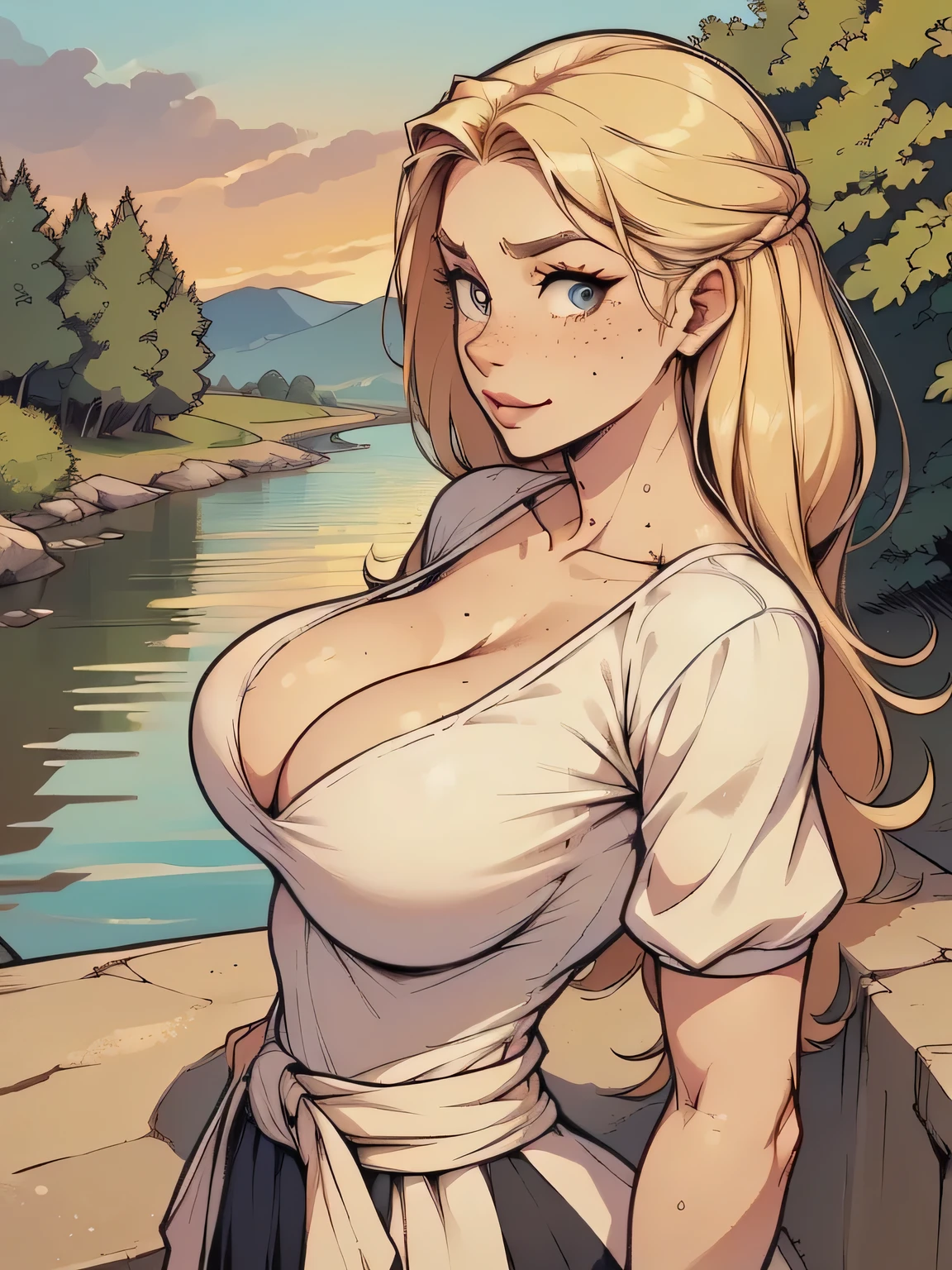 ( linhas absurdas, high definition, ultra fino, be careful with your hand ) Close-up of a thin woman, busty and athletic (secretary), 25 anos, 16k (( high definition )), sorriso misterioso, olhar sedutor (( looking at the viewer )), olhos azuis, secretary usando uma camisa rosa (( gola italiana, puffy short sleeves )), cintura fina, black belt on a discreet pleated skirt, arms on the sides of her body, pele branca, cabelo loiro curto (( at shoulder height )), She is alone on a bridge over a river (( upper body, From waist to head, side view 3.4 )), with freckles on the neck and breasts, (( seios grandes, redondos e suados 3.4 )), (( Well defined collarbone )). estilo cartoon (( QG )), forest and sunset in the background.