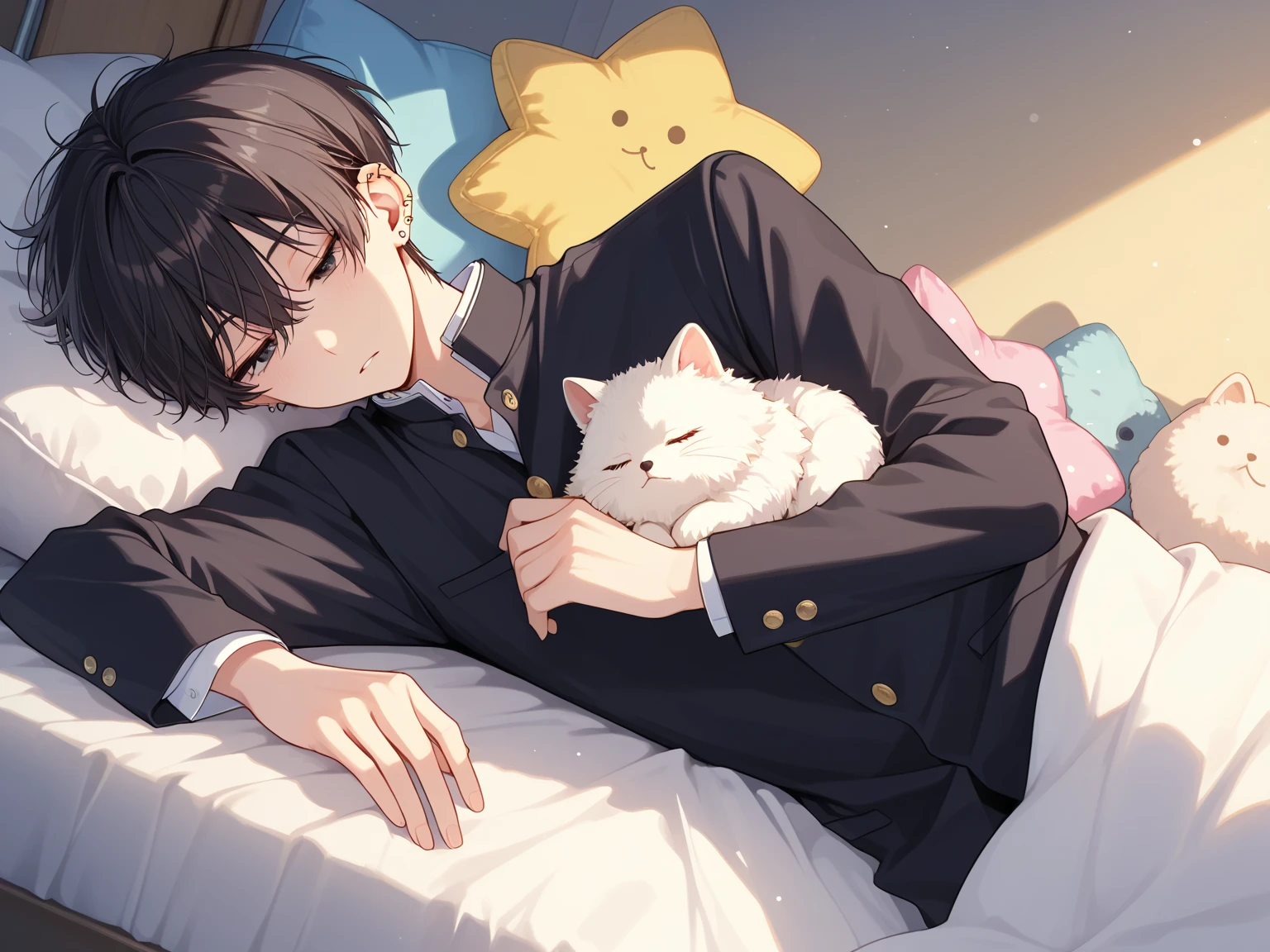 moon, Very cute black cat, night, Are sleeping 