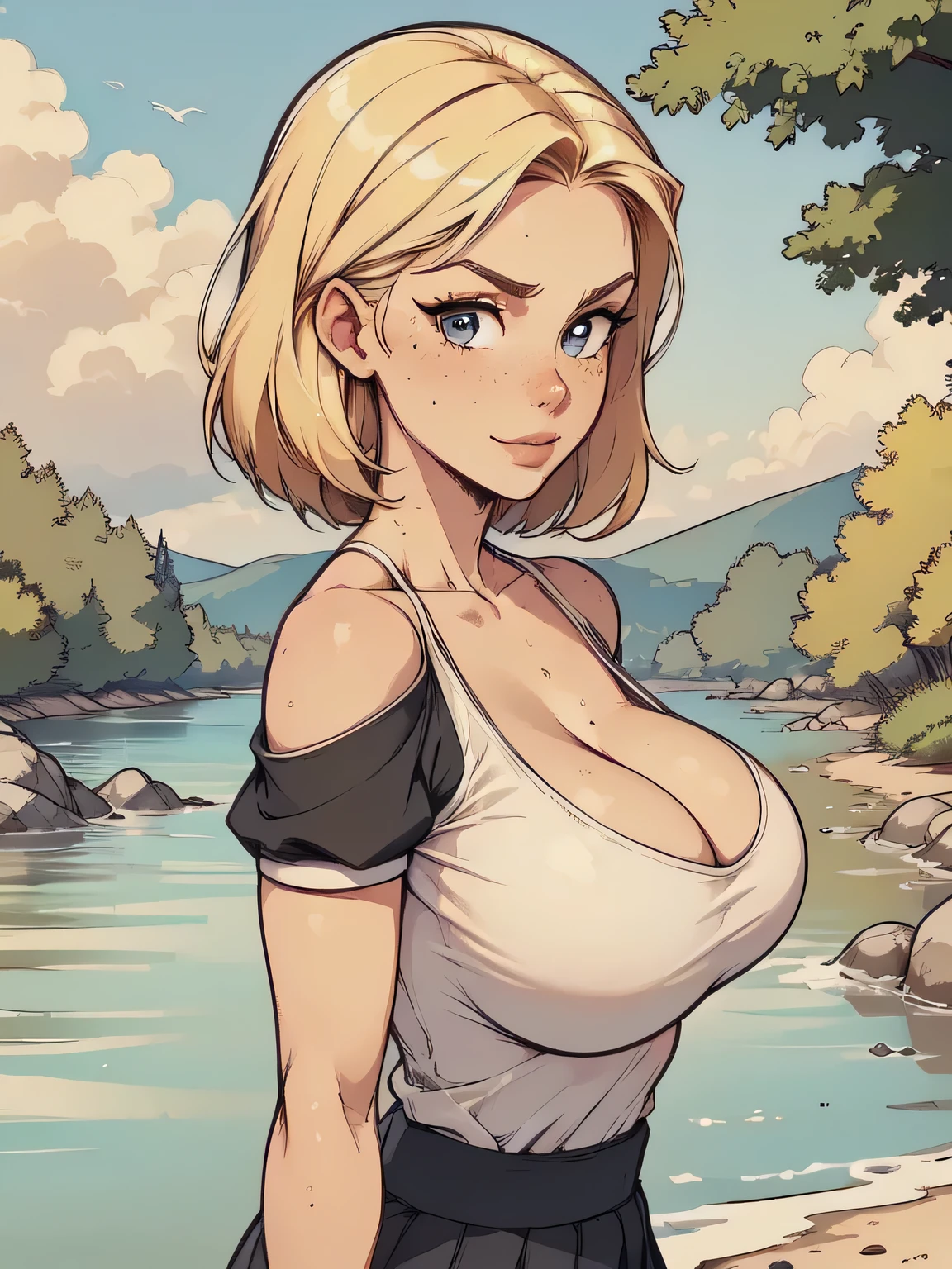 ( linhas absurdas, high definition, ultra fino, be careful with your hand ) Close-up of a thin woman, busty and athletic (secretary), 25 anos, 16k (( high definition )), sorriso lindo, olhar sedutor (( looking at the viewer )), olhos azuis, secretary usando uma camisa rosa (( gola italiana, puffy short sleeves )), cintura fina, black belt on a discreet pleated skirt, arms on the sides of her body, pele branca, short yellow hair (( at shoulder height )), She is alone on a bridge over a river (( upper body, From waist to head, side view 3.4 )), with freckles on the neck and breasts, (( seios grandes, redondos e suados 3.4 )), (( Well defined collarbone )). estilo cartoon (( QG )), forest and sunset in the background.