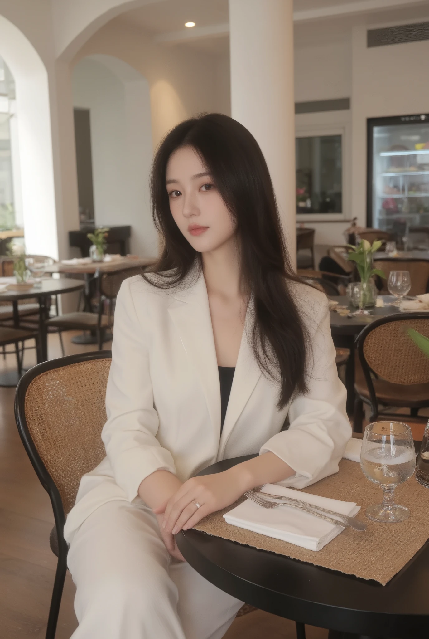 A stylish young woman sitting elegantly in a luxurious modern restaurant with high white arches and tall pillars. She has long straight black hair flowing naturally, looking down with a calm and graceful expression. ((She wears a stylish cream blazer outer, a black inner, paired with a simple inner and neat trousers)). She sits on a rattan chair with black frame and cushioned seat, one hand resting gracefully on the table holding a clear glass of water, the other relaxed. Her fingers are adorned with a delicate ring, nails polished naturally. ((On the black round dining table are a placemat, neatly arranged plate, fork, knife, napkin, and a small vase with fresh green plant)). The background shows an elegant dining space with soft warm lighting, neatly arranged tables, and a glass refrigerator displaying premium cuts of meat. The atmosphere is luxurious, refined, and sophisticated. ((natural soft lighting with warm tones, fashion photography style with focus on elegance and atmosphere, highly detailed textured, high resolution)).