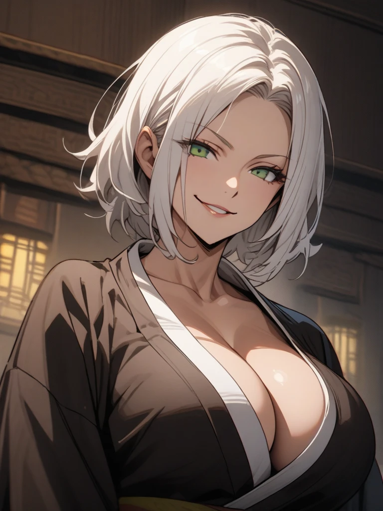 colorful outfit, cleavage, , only girl, plum, Mabui, short detailed hair, (green eyes: 1.2), white hair, bun, dark skinned woman, off-shoulder black outfit, smile, looking at camera,