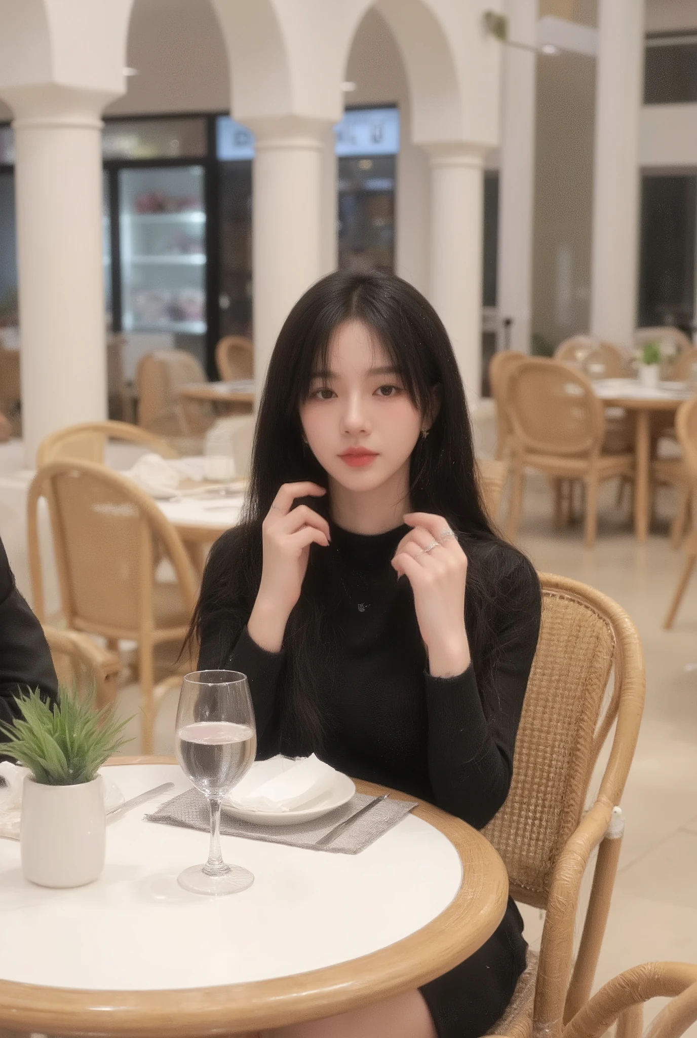 A stylish young woman sitting elegantly in a luxurious modern restaurant with high white arches and tall pillars. She has long straight black hair flowing naturally, slightly curvy body, looking down with a calm and graceful expression. ((She wears a black crop top with crisscross straps, paired neat trousers)). She sits on a rattan chair with black frame and cushioned seat, one hand resting gracefully on the table holding a clear glass of water, the other relaxed. Her fingers are adorned with a delicate ring, nails polished naturally. ((On the black round dining table are a placemat, neatly arranged plate, fork, knife, napkin, and a small vase with fresh green plant)). The background shows an elegant dining space with soft warm lighting, neatly arranged tables, and a glass refrigerator displaying premium cuts of meat. The atmosphere is luxurious, refined, and sophisticated. ((natural soft lighting with warm tones, fashion photography style with focus on elegance and atmosphere, highly detailed textured, high resolution)).