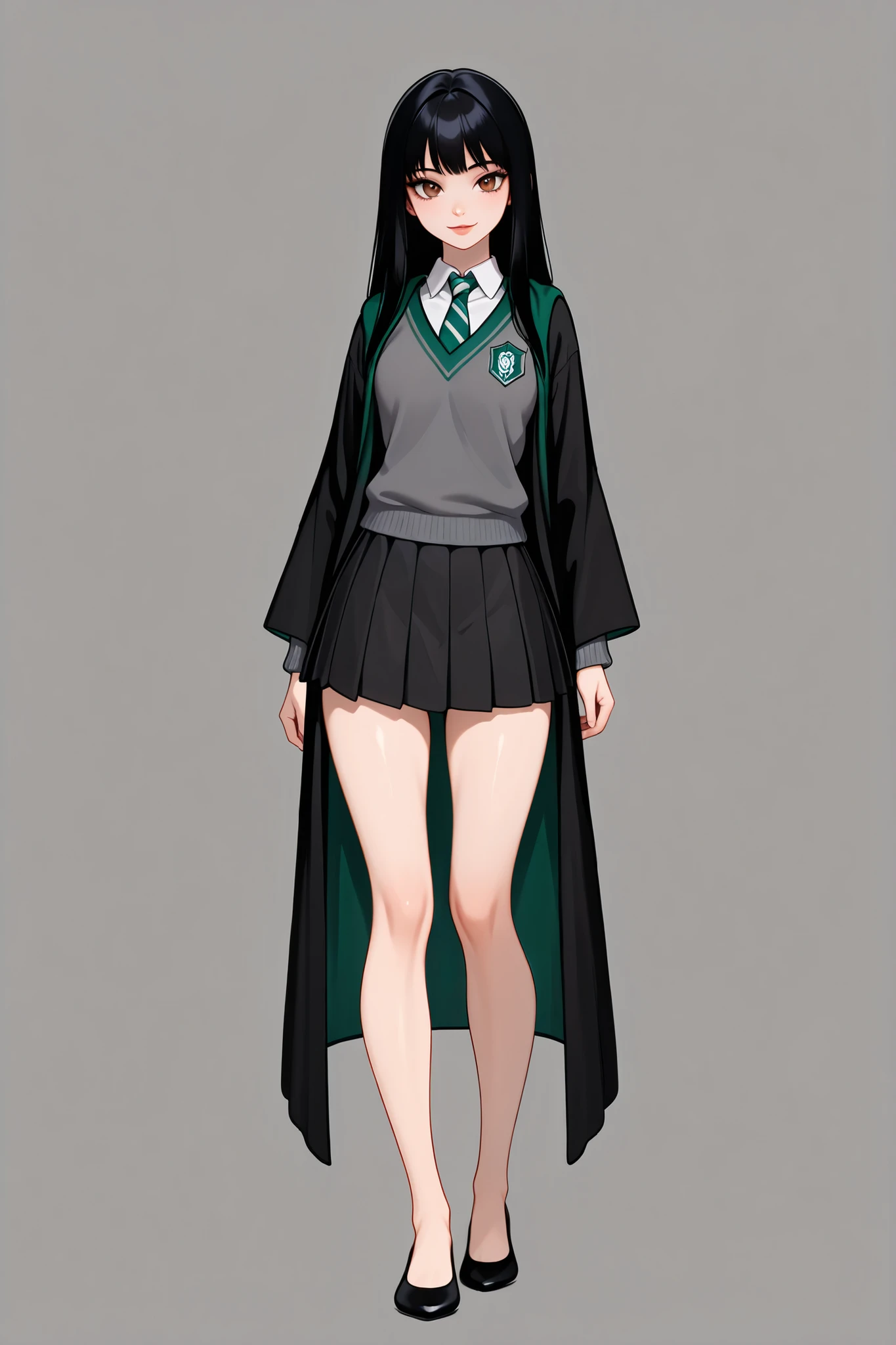 score_9, score_8_up, score_7_up, best quality, masterpiece, 4k resolution, 1girl, solo, youthful, beautiful, full body, long straight hair, pitch black hair, brown eyes, sharp eyes, looking at viewer, elegant posture, bare legs, smooth body, clean skin, hogwarts uniform, slytherin, black robe, necktie, striped necktie, collared shirt, sweater, pleated skirt, grey sweater, flats, ballet shoes, black shoes, vibrant expression,