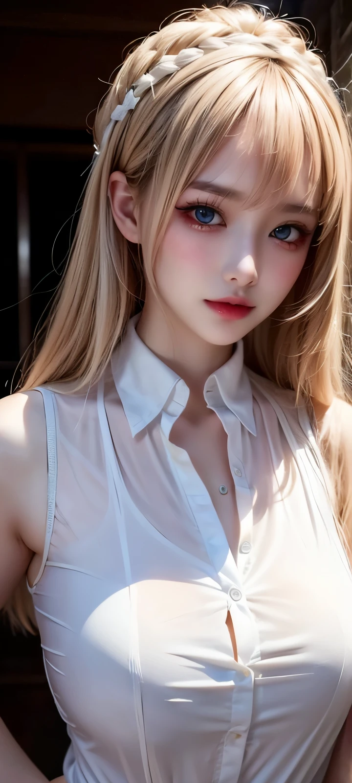 Masterpiece, very aesthetic, vibrant, high contrast, high resolution, ultra detailed, elegant mature woman, curvaceous, blonde hair, swept hair, updo hair, blue eyes, upper body, tie, ((white sleeveless huge armshole shirt)), looking at viewer, dynamic lighting, best quality, newest, seductive
