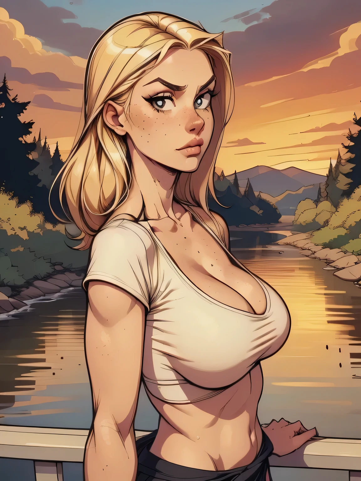 ( linhas absurdas, high definition, ultra fino, be careful with your hand ) Close-up of a thin woman, busty and athletic (secretary), 25 anos, 16k (( high definition )), looking serious, olhar sedutor (( looking at the viewer )), olhos azuis, secretary usando uma camisa rosa (( gola italiana, puffy short sleeves )), cintura fina, black belt on a discreet pleated skirt, arms on the sides of her body, pele branca, short yellow hair (( at shoulder height )), She is alone on a bridge over a river (( upper body, From waist to head, side view 3.4 )), with freckles on the neck and breasts, (( seios grandes, redondos e suados 3.4 )), (( Well defined collarbone )). estilo cartoon (( QG )), forest and sunset in the background.